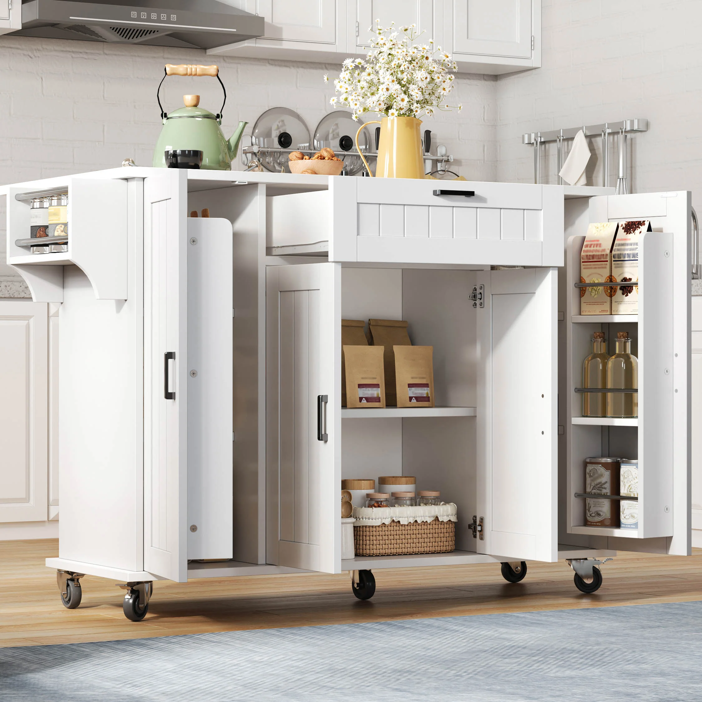 Mobile Kitchen Island Folding Worktop, Cabinet Storage, Spice Racks & Towel Rails - White - Image 7