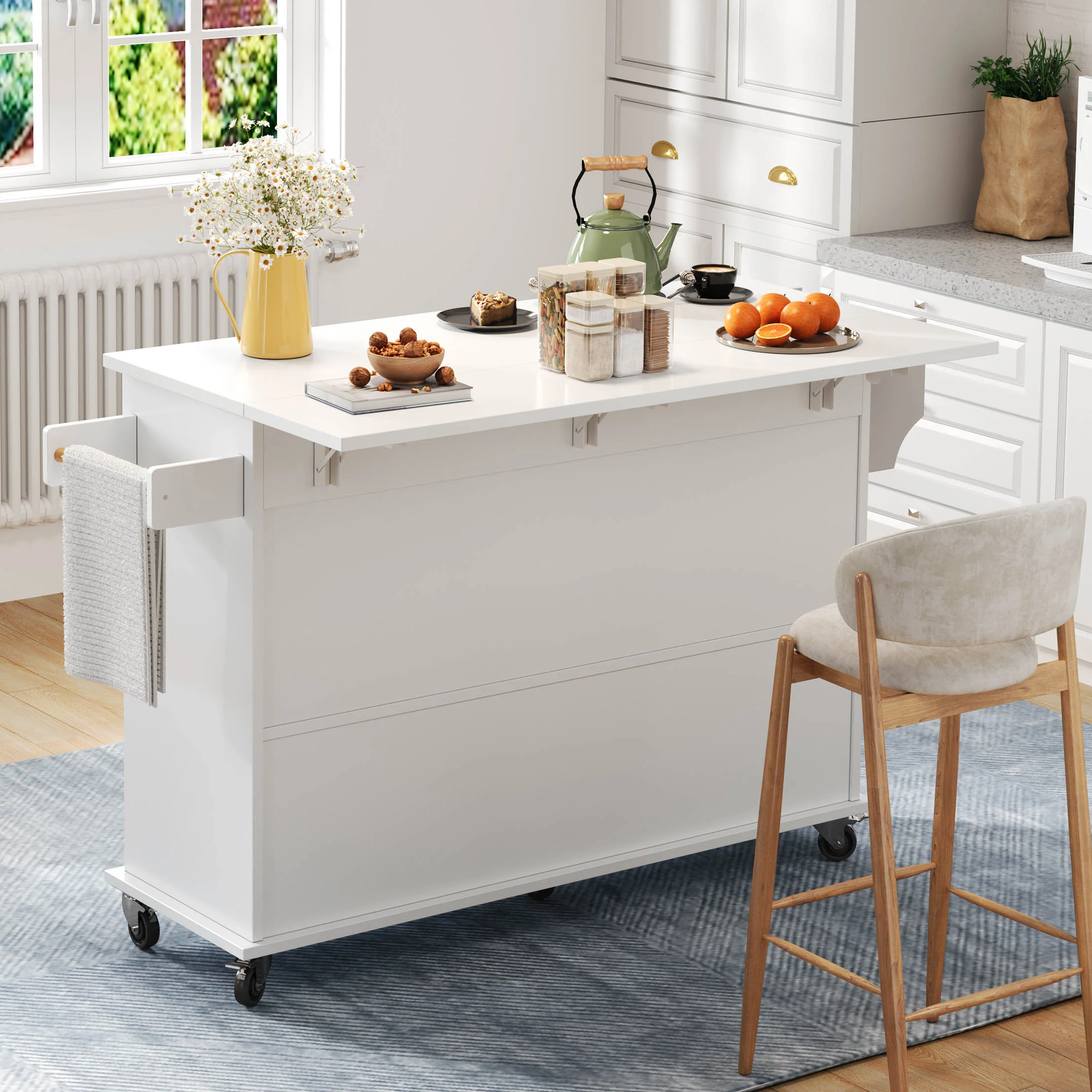 Mobile Kitchen Island Folding Worktop, Cabinet Storage, Spice Racks & Towel Rails - White - Image 8
