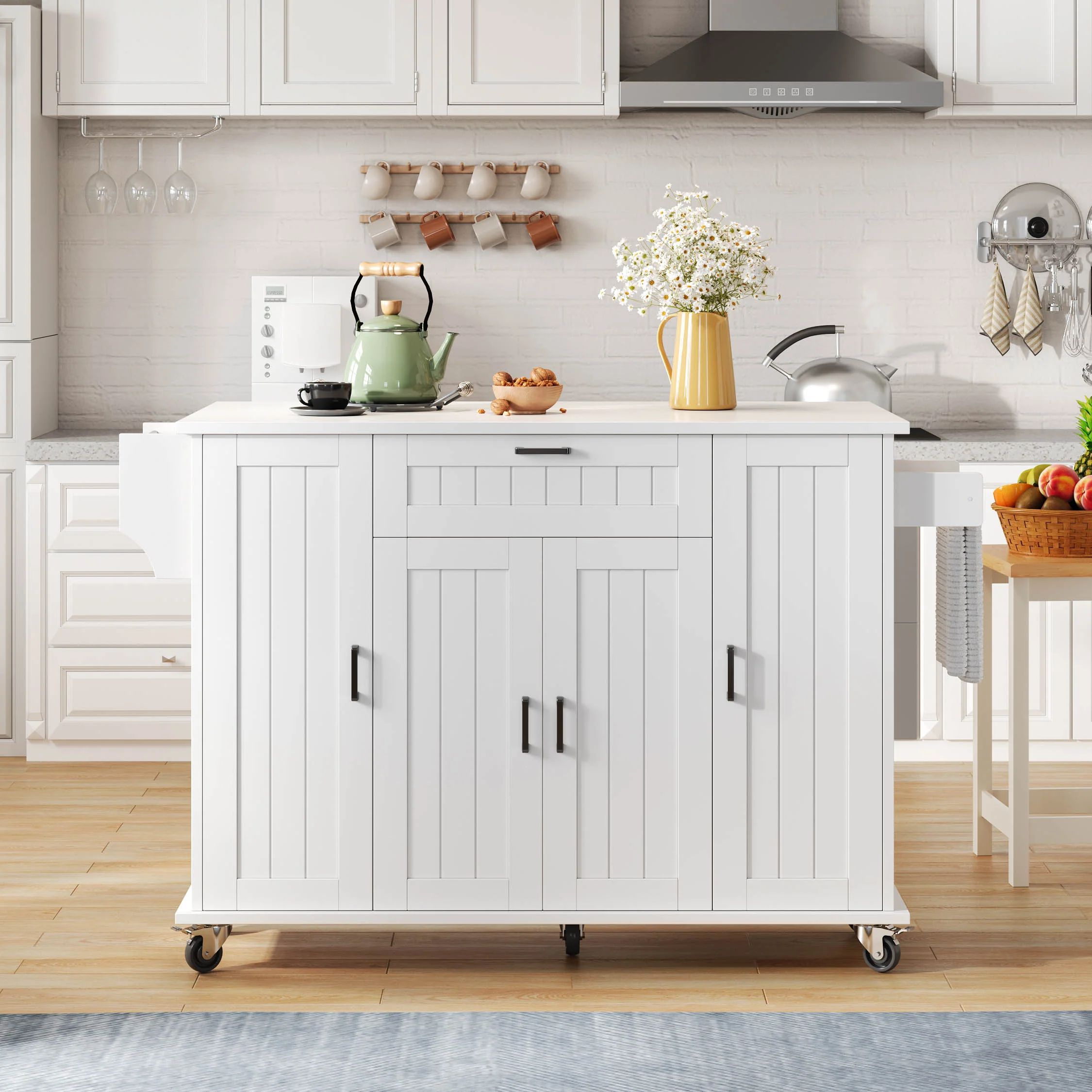 Mobile Kitchen Island Folding Worktop, Cabinet Storage, Spice Racks & Towel Rails - White - Image 9