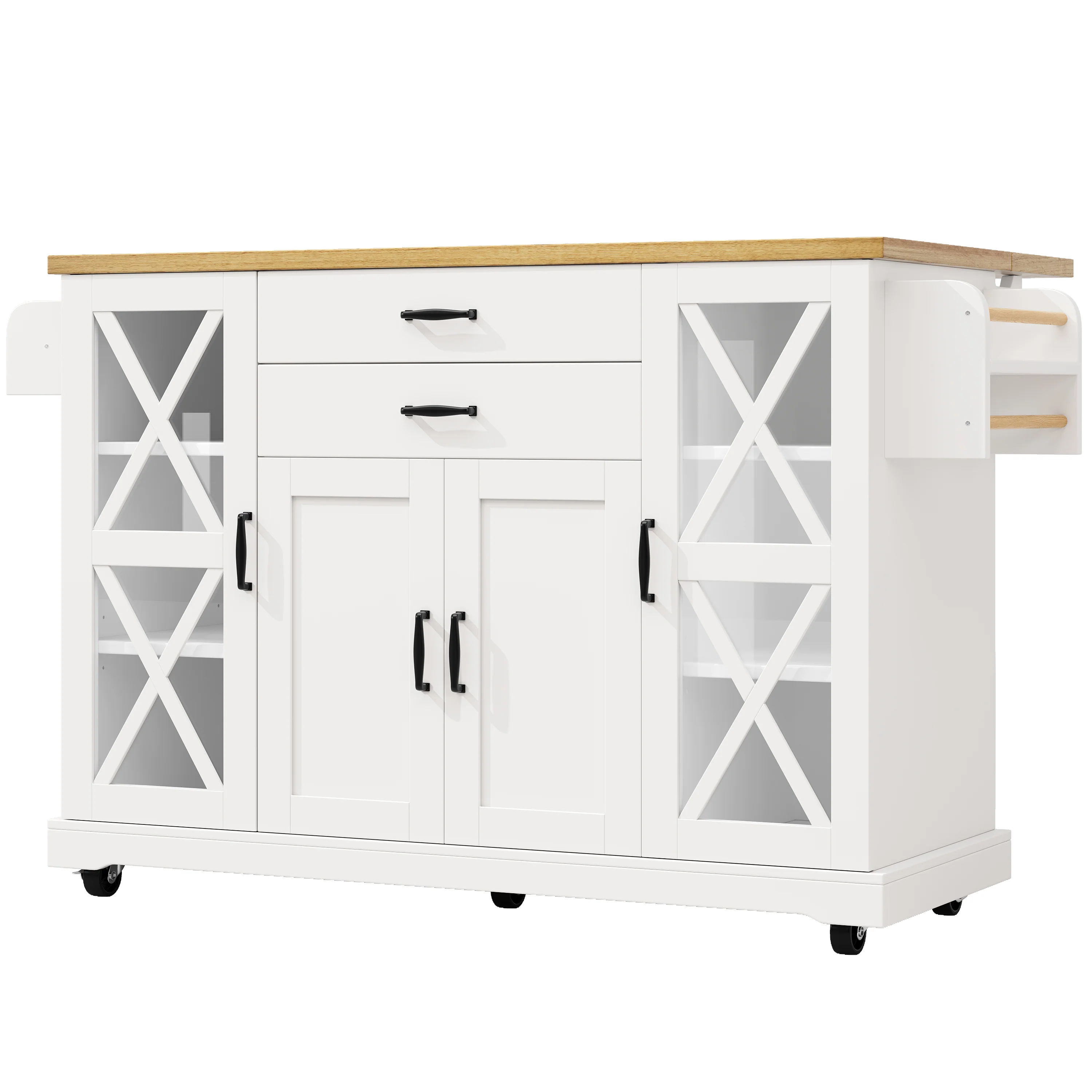 Mobile Kitchen Island Serving Trolley 4 Doors Glass Drawers Adjustable Shelves - White - Image 10