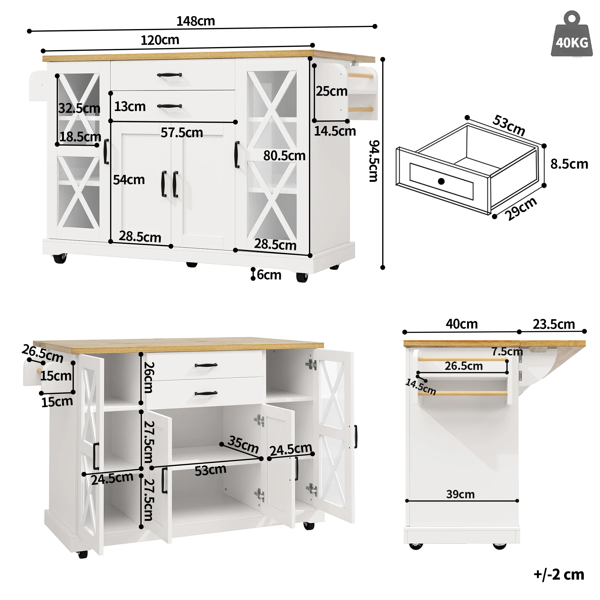 Mobile Kitchen Island Serving Trolley 4 Doors Glass Drawers Adjustable Shelves - White - Image 5