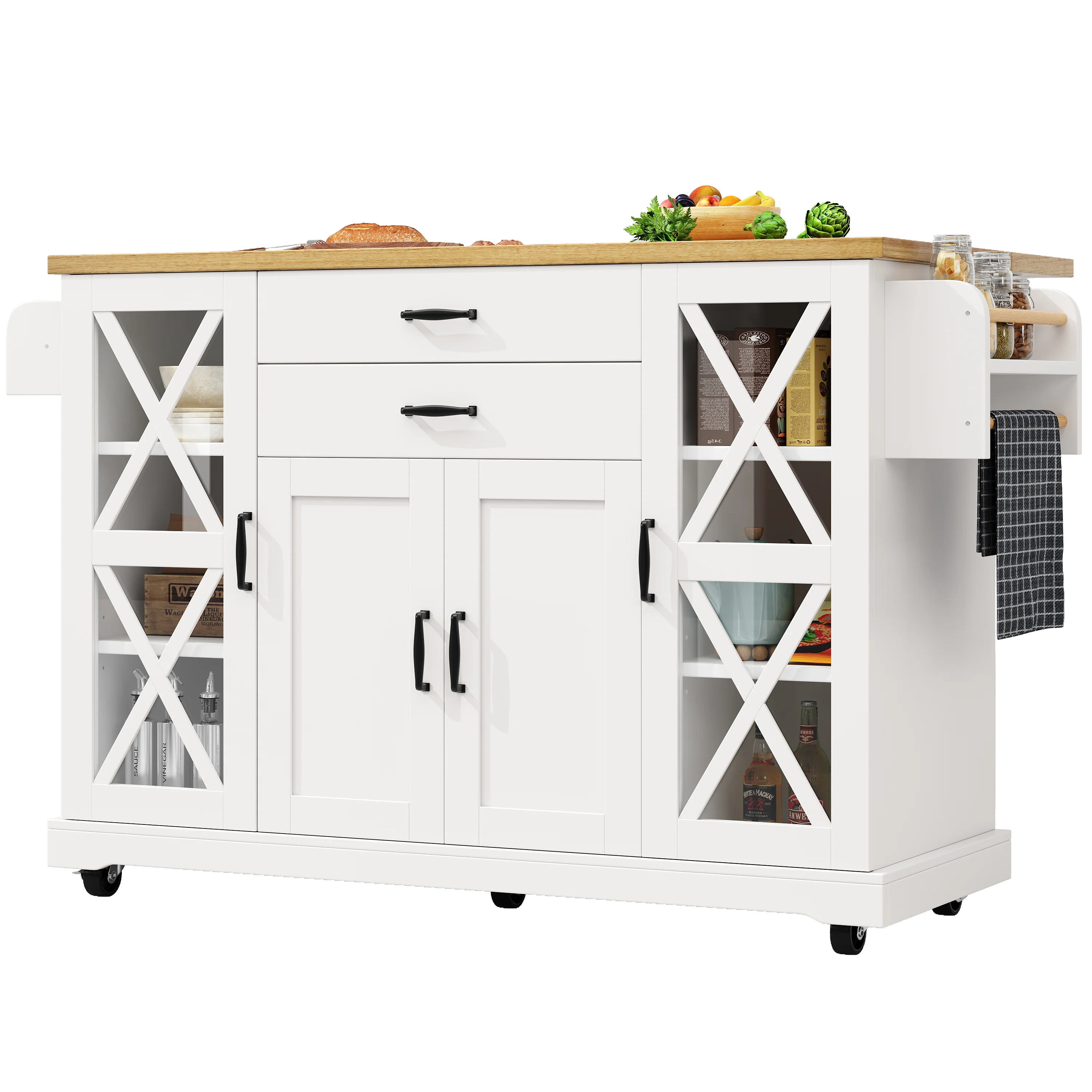 Mobile Kitchen Island Serving Trolley 4 Doors Glass Drawers Adjustable Shelves - White - Image 7