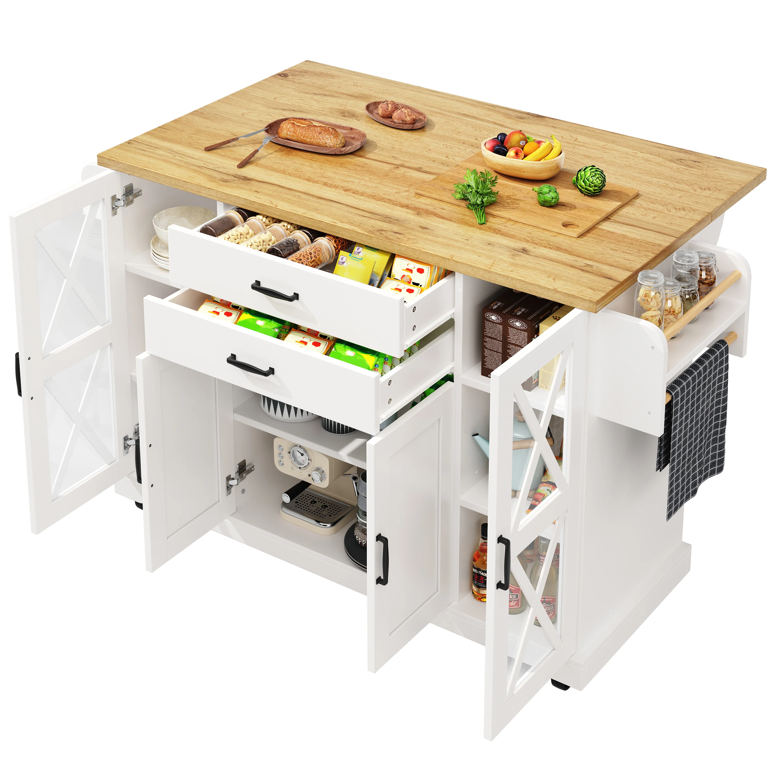 Mobile Kitchen Island Serving Trolley 4 Doors Glass Drawers Adjustable Shelves - White - Image 8