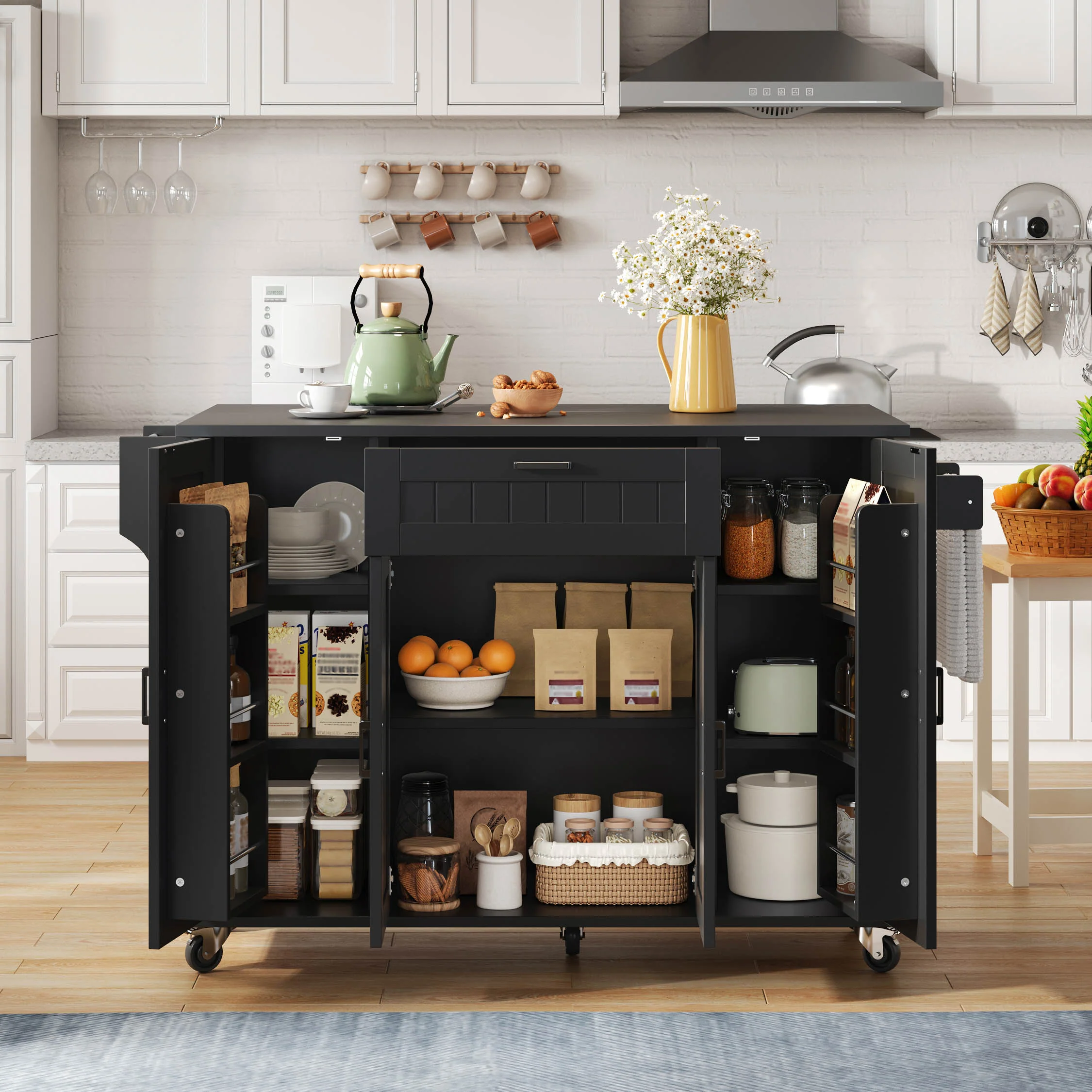 Mobile Kitchen Island with Folding Worktop and Storage Cabinet 4 Doors Black - Image 10