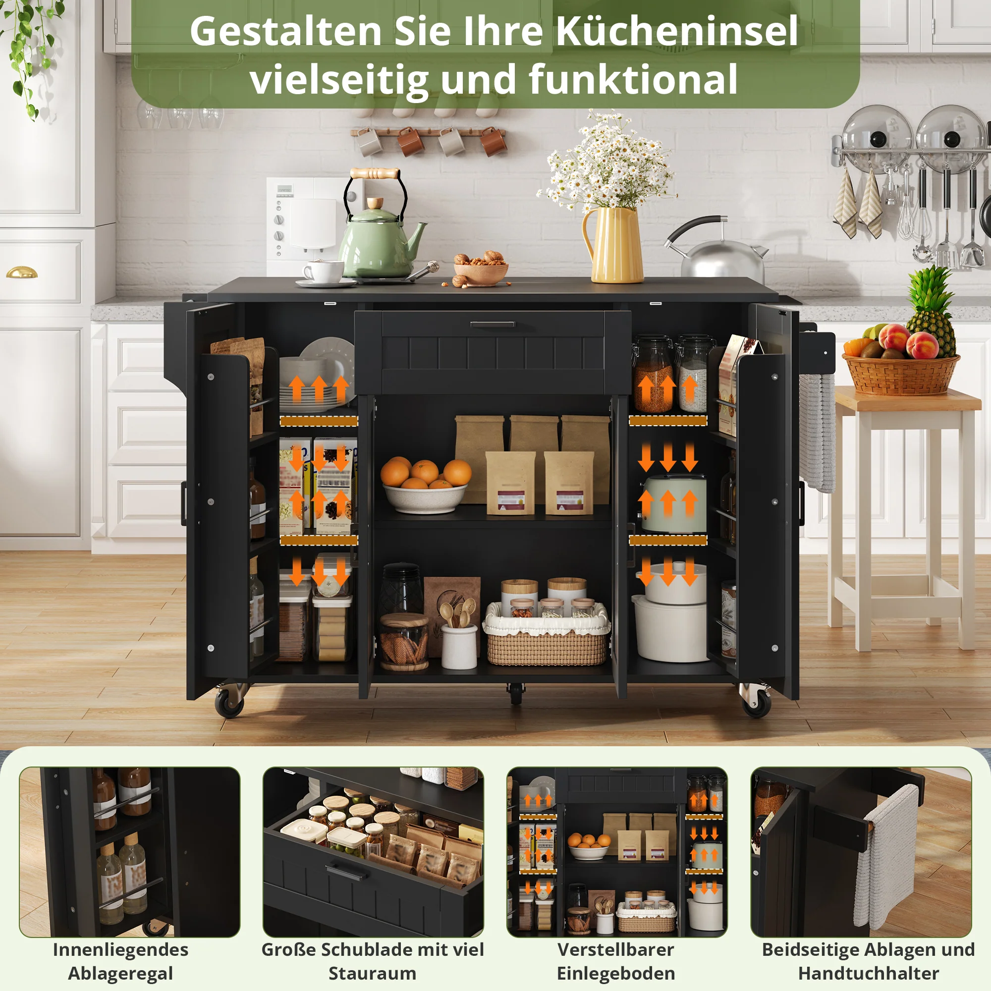 Mobile Kitchen Island with Folding Worktop and Storage Cabinet 4 Doors Black - Image 3