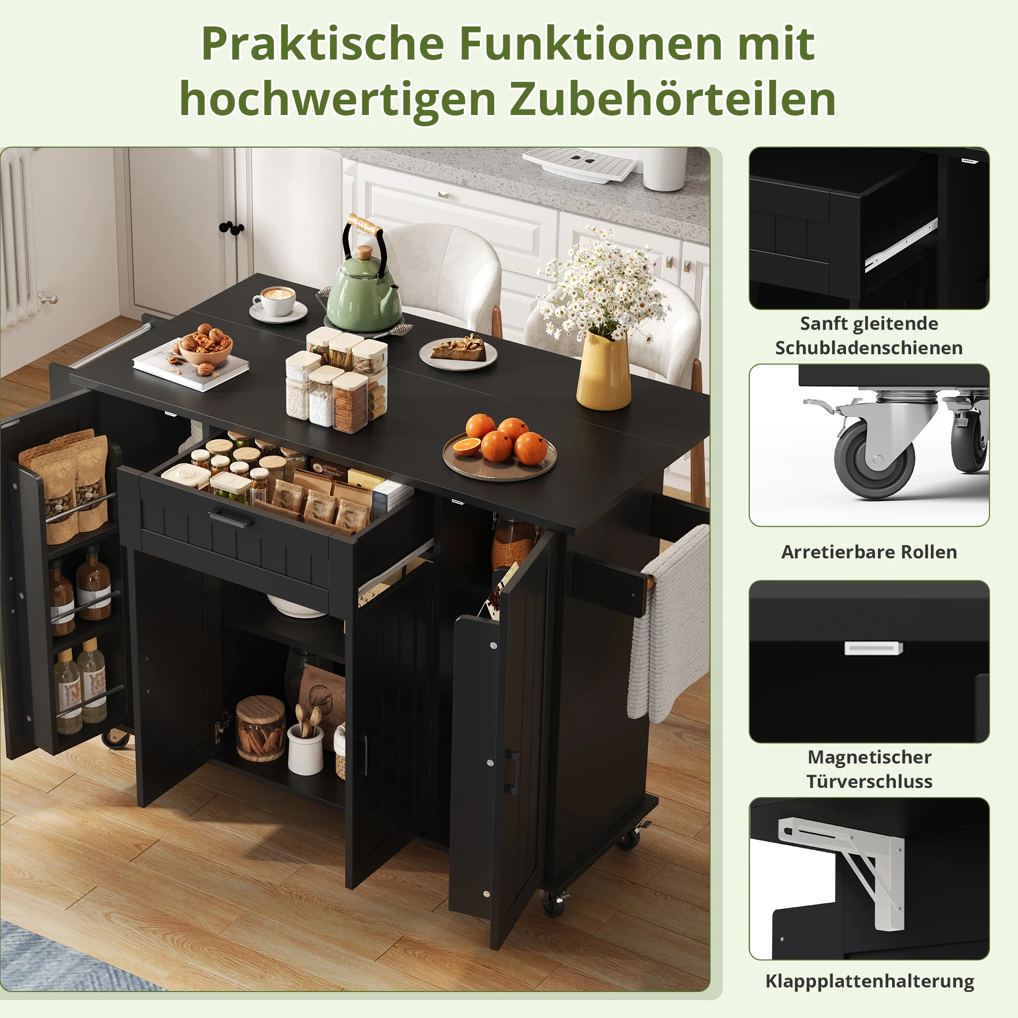 Mobile Kitchen Island with Folding Worktop and Storage Cabinet 4 Doors Black - Image 4