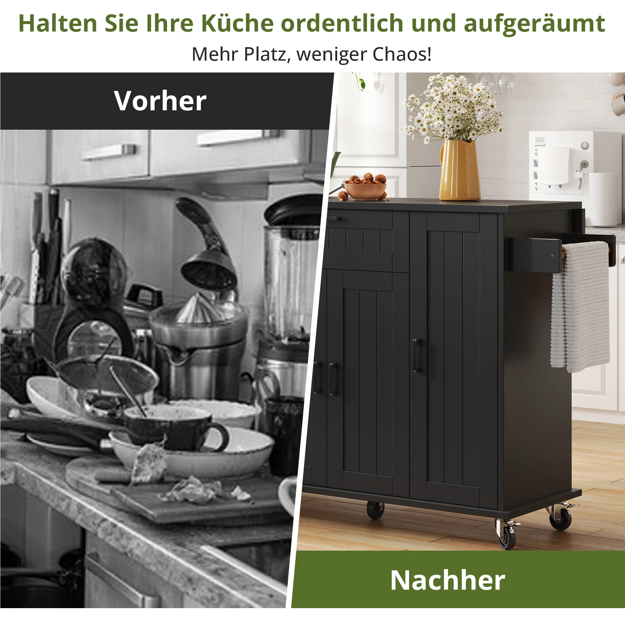 Mobile Kitchen Island with Folding Worktop and Storage Cabinet 4 Doors Black - Image 5