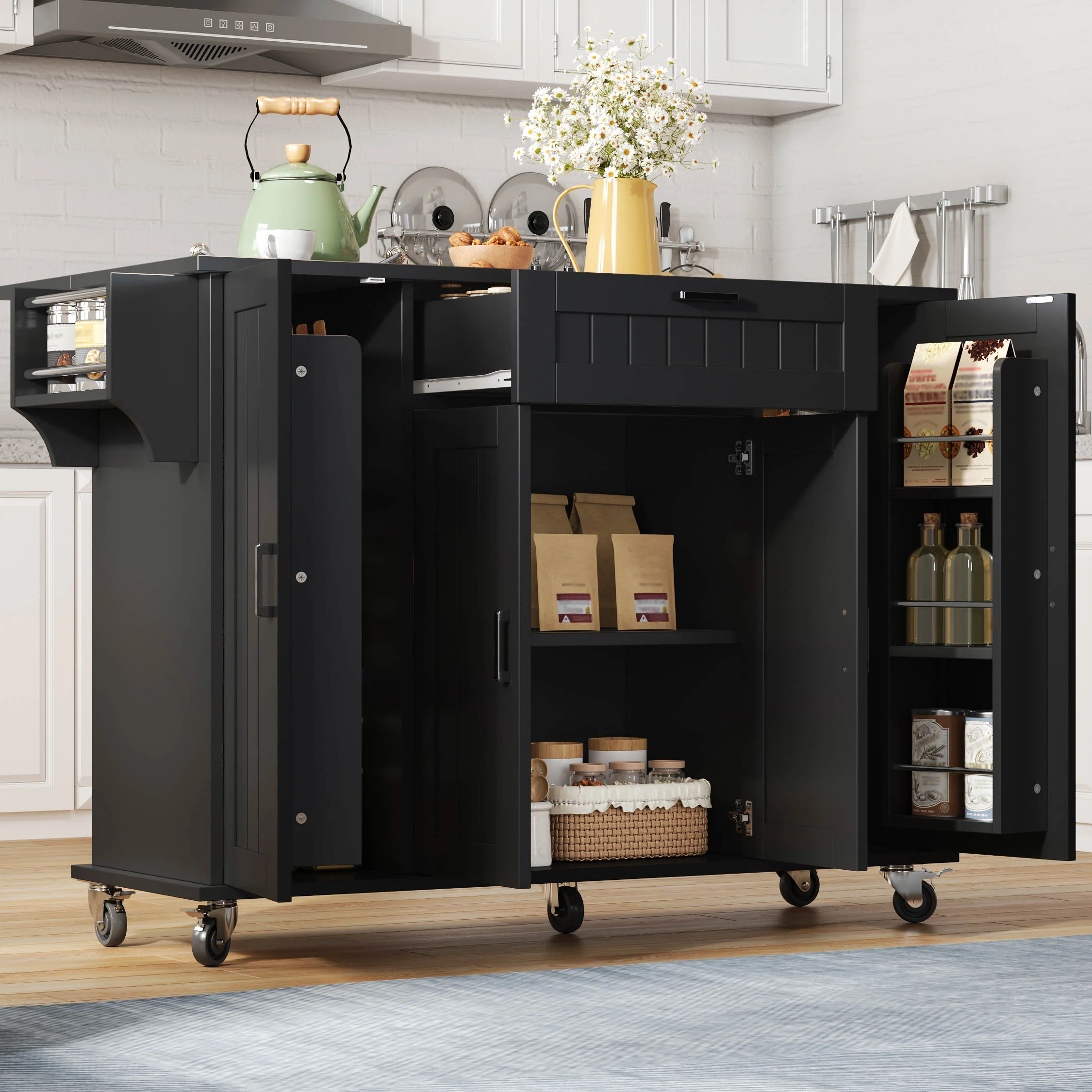 Mobile Kitchen Island with Folding Worktop and Storage Cabinet 4 Doors Black - Image 6