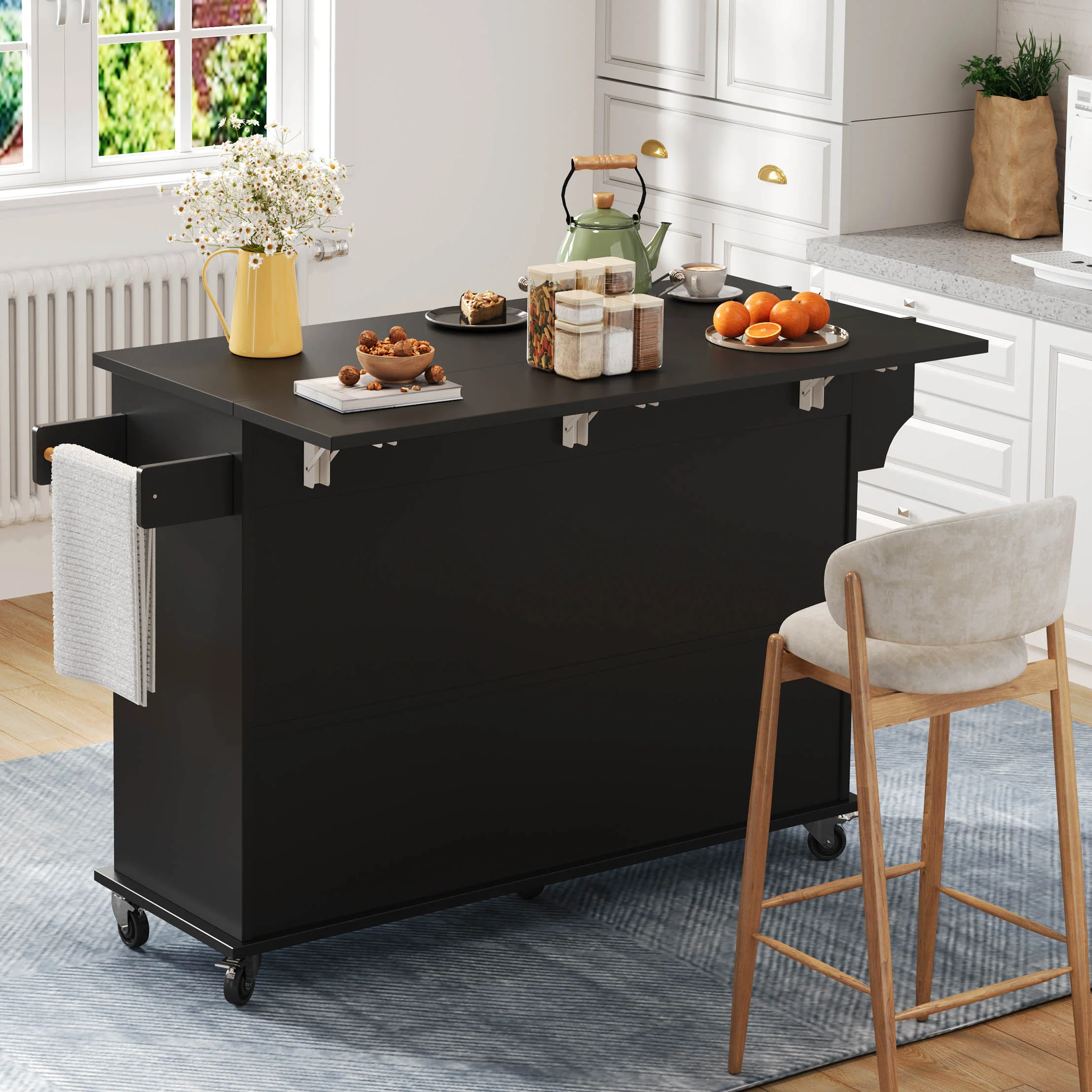 Mobile Kitchen Island with Folding Worktop and Storage Cabinet 4 Doors Black - Image 7