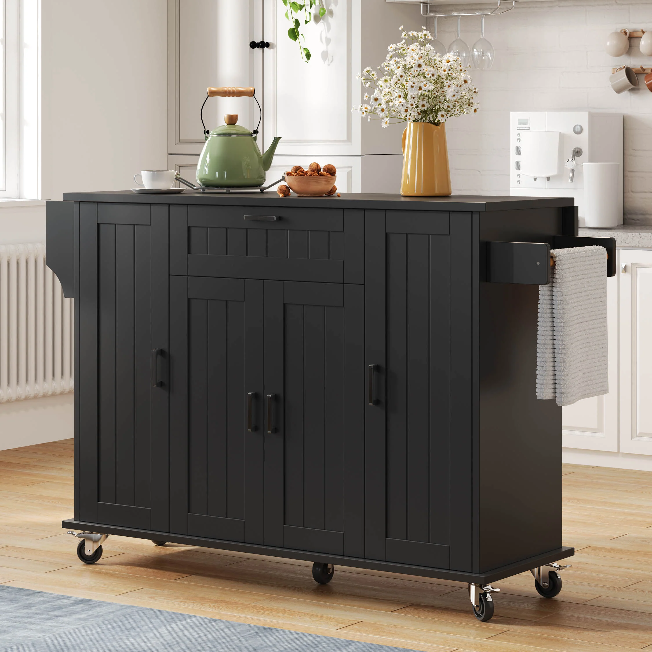Mobile Kitchen Island with Folding Worktop and Storage Cabinet 4 Doors Black - Image 9