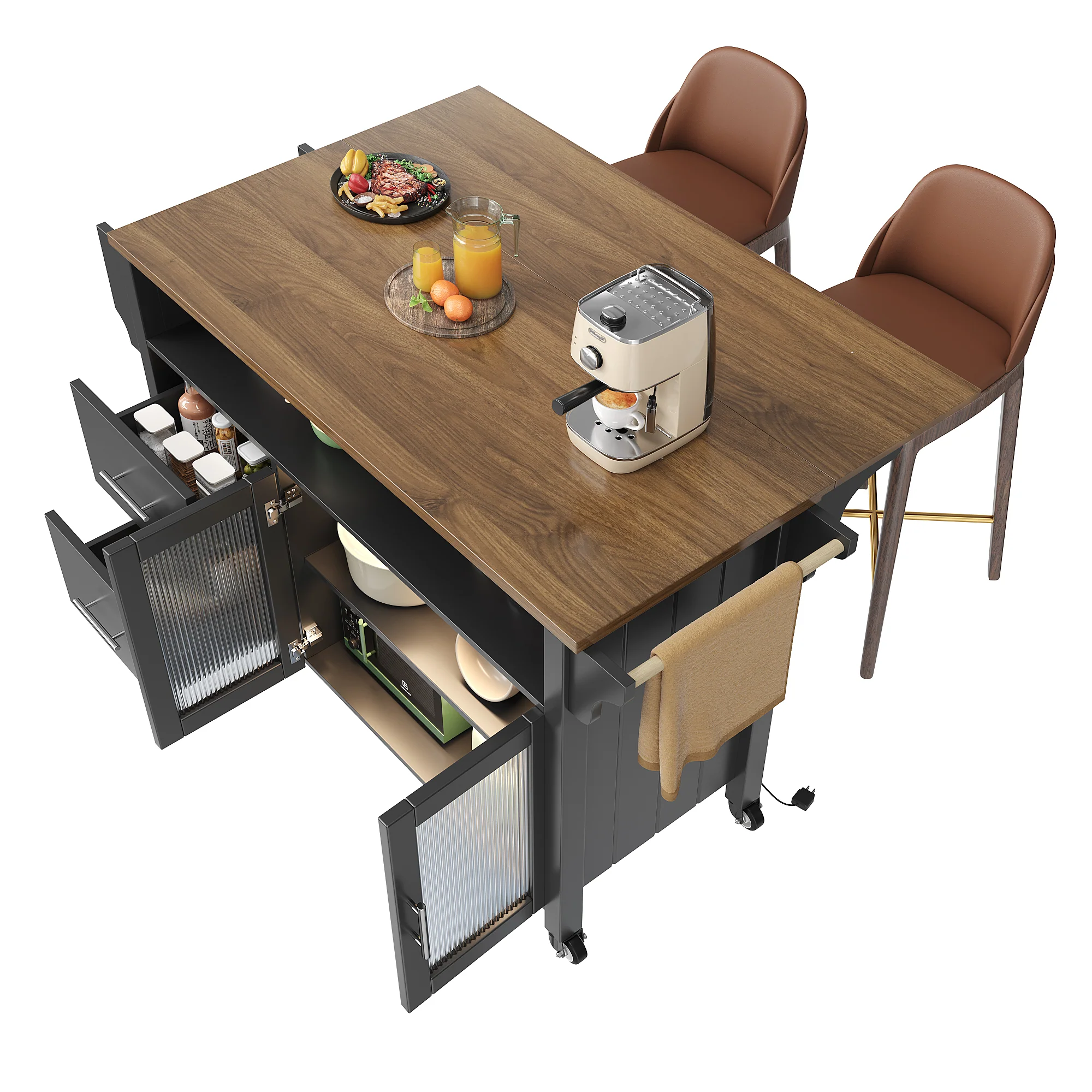 Mobile Kitchen Island with Worktop, Glass Display, LED & Casters - Black - Image 10