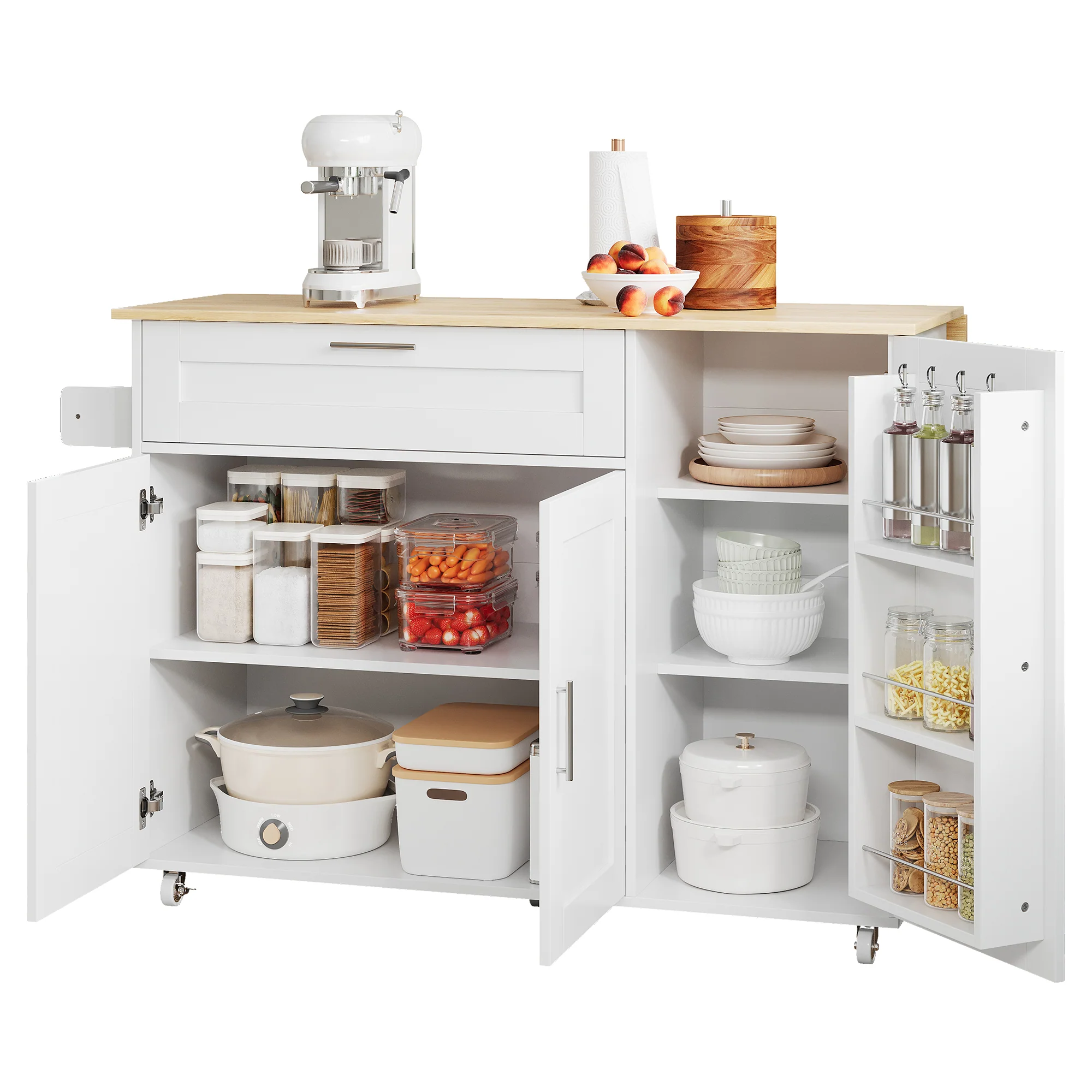 Mobile Kitchen Table 132.5cm Folding Worktop Storage Spice/Towel Rack - Oak Grain - Image 3