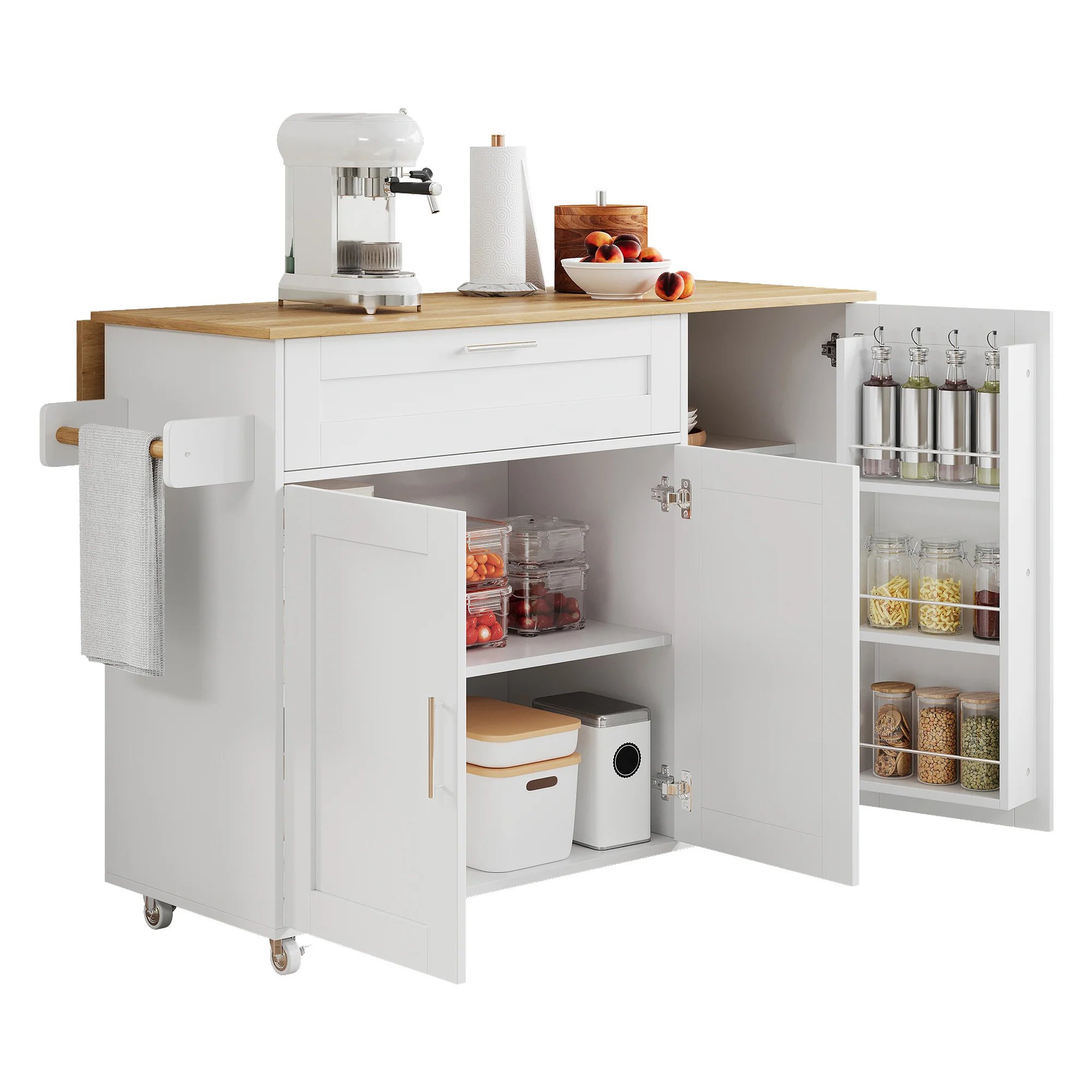 Mobile Kitchen Table 132.5cm Folding Worktop Storage Spice/Towel Rack - Oak Grain - Image 4