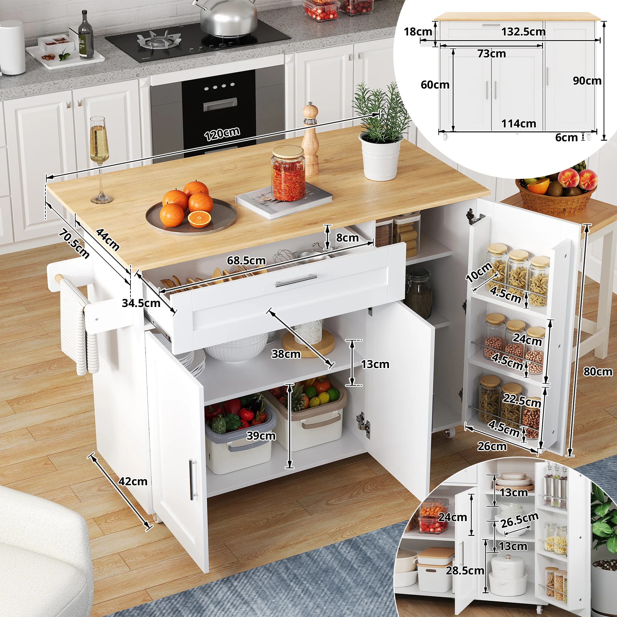 Mobile Kitchen Table 132.5cm Folding Worktop Storage Spice/Towel Rack - Oak Grain - Image 7