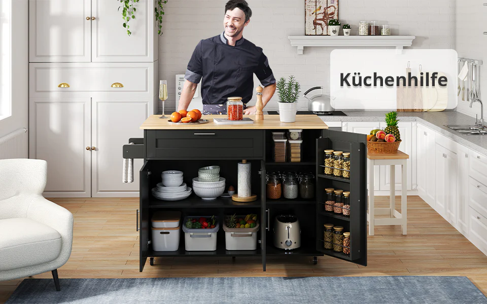 Mobile Kitchen Table Folding Worktop Cabinet Spice Rack 5 Casters - Oak Grain - Image 10