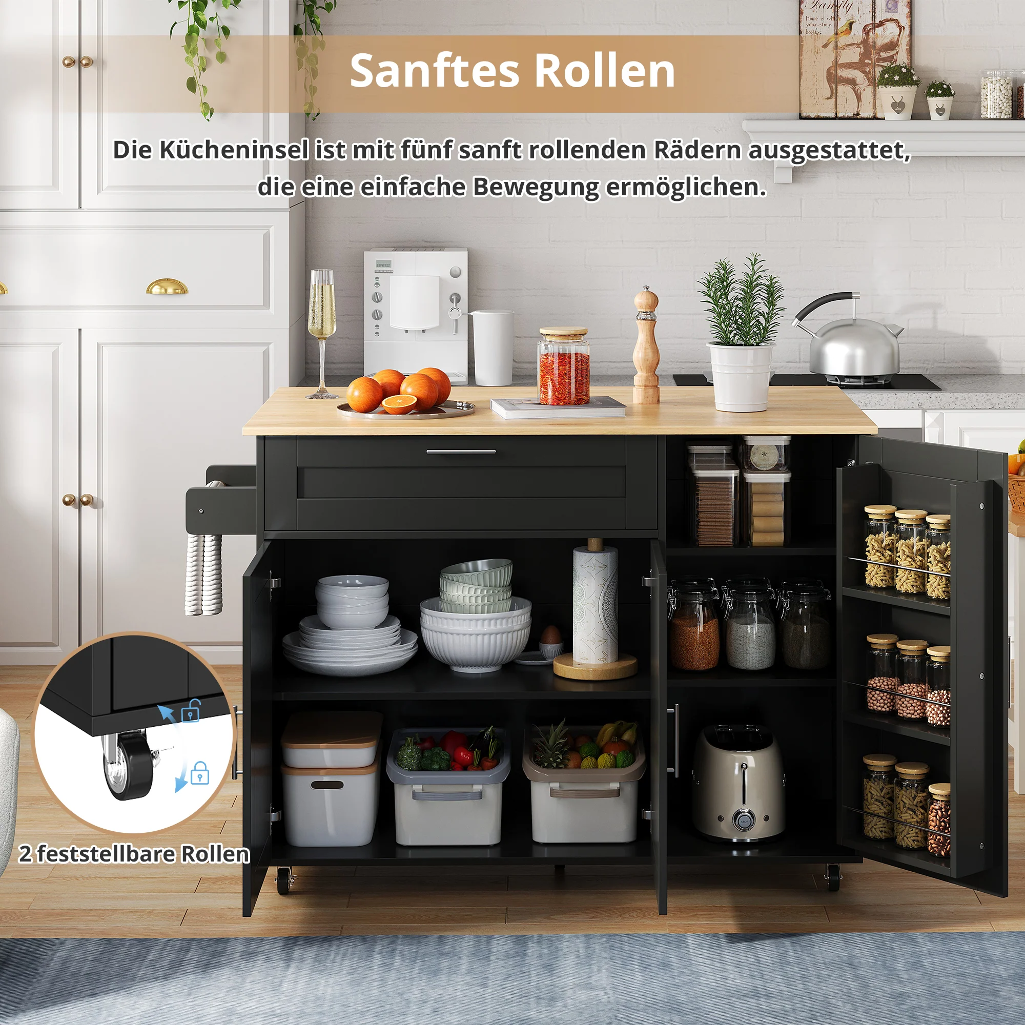 Mobile Kitchen Table Folding Worktop Cabinet Spice Rack 5 Casters - Oak Grain - Image 4