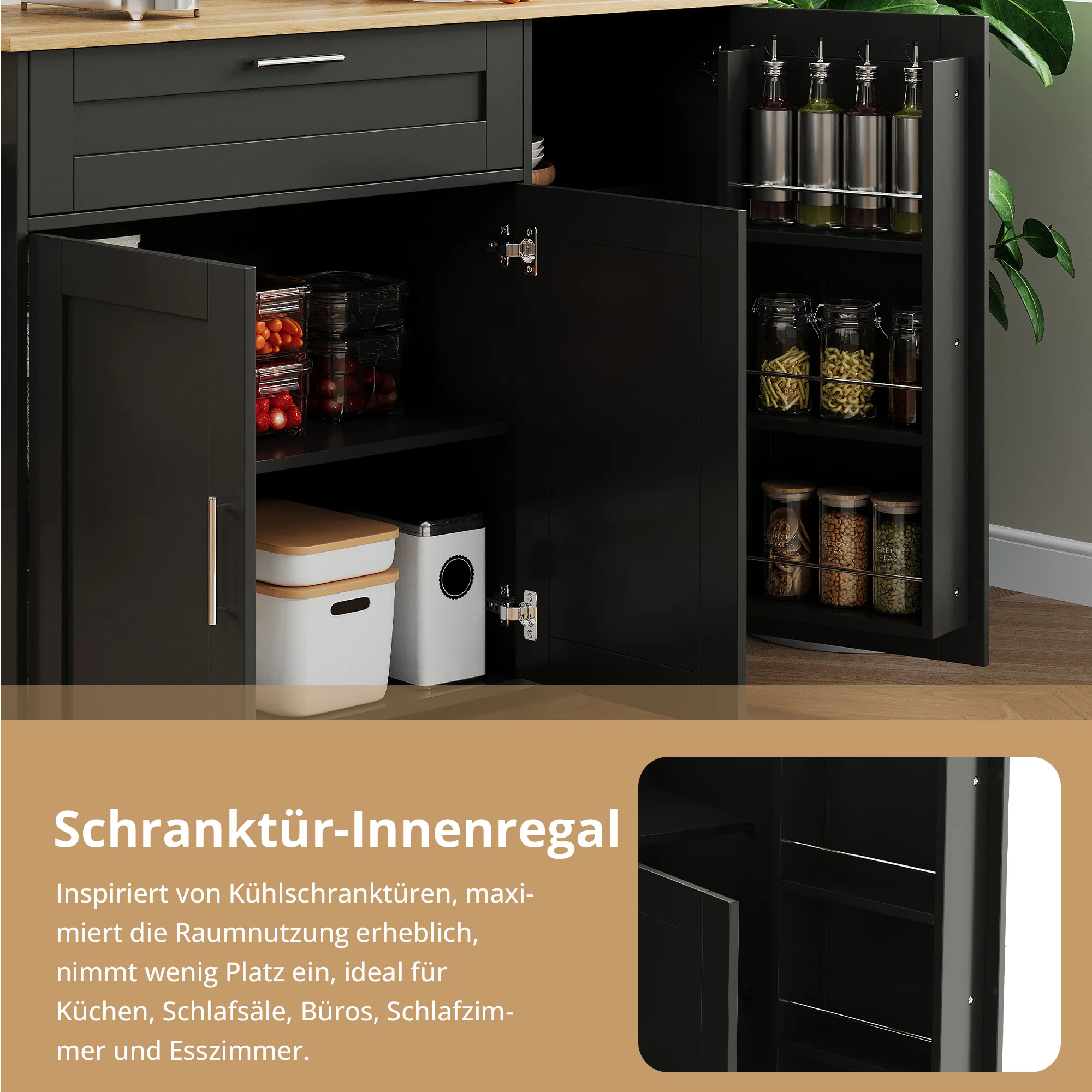 Mobile Kitchen Table Folding Worktop Cabinet Spice Rack 5 Casters - Oak Grain - Image 5