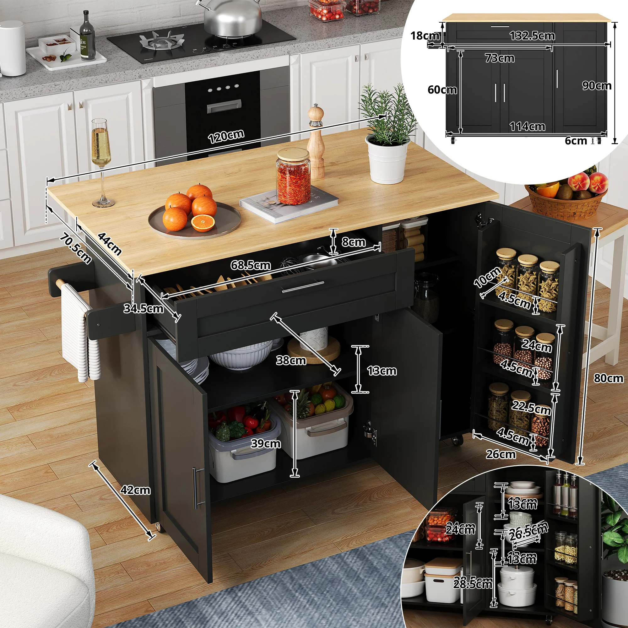Mobile Kitchen Table Folding Worktop Cabinet Spice Rack 5 Casters - Oak Grain - Image 8