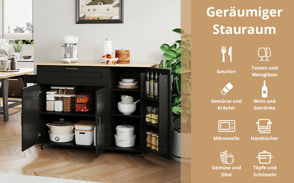 Mobile Kitchen Table Folding Worktop Cabinet Spice Rack 5 Casters - Oak Grain - Image 9