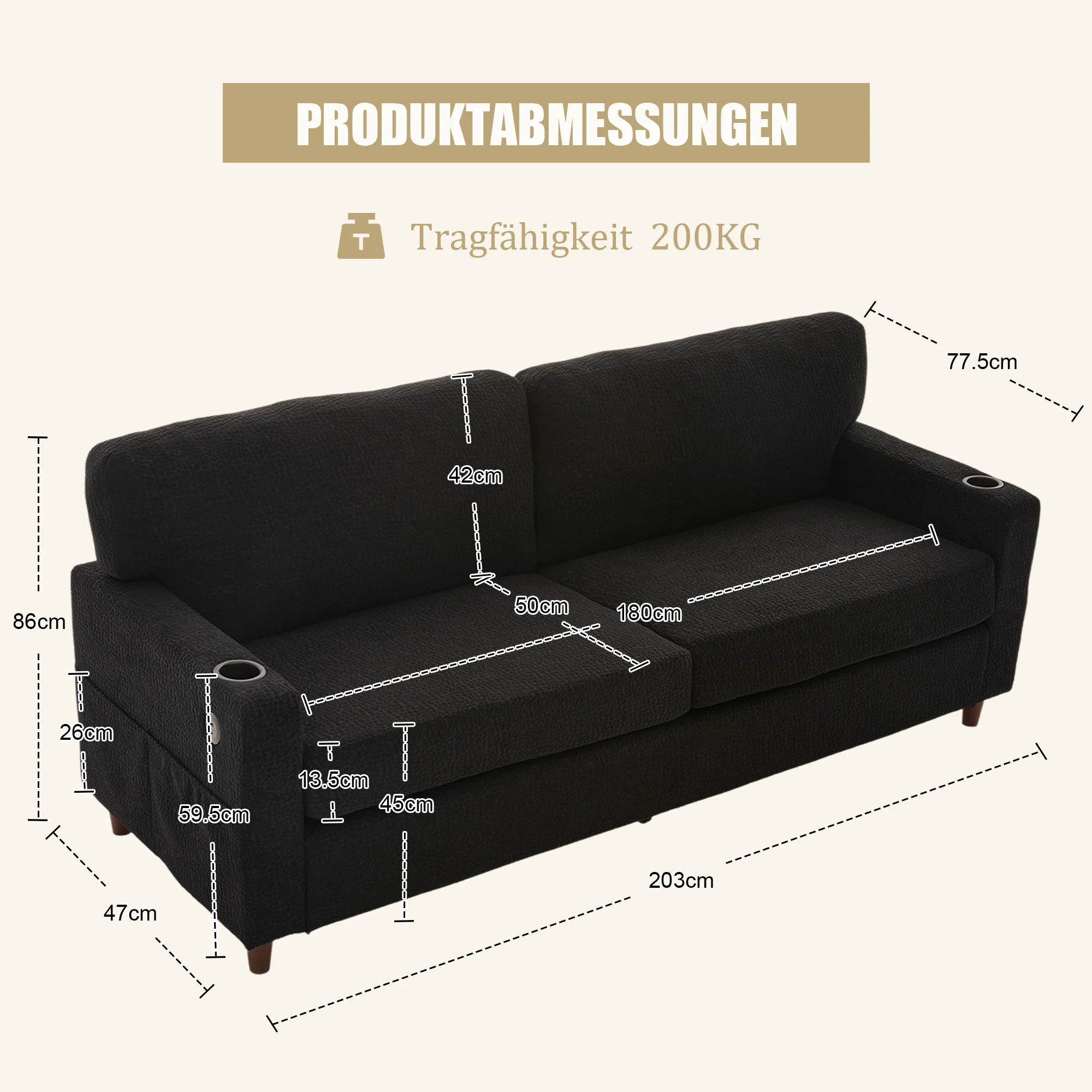 Modern 2-Seater Sofa USB-C LED Cup Holders Side Pockets - Black Chenille - Image 2