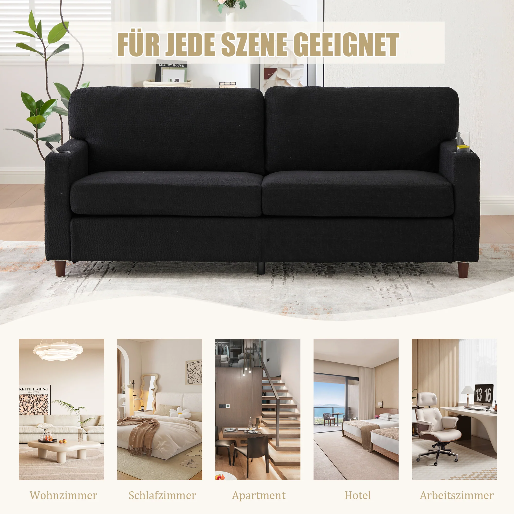 Modern 2-Seater Sofa USB-C LED Cup Holders Side Pockets - Black Chenille - Image 8