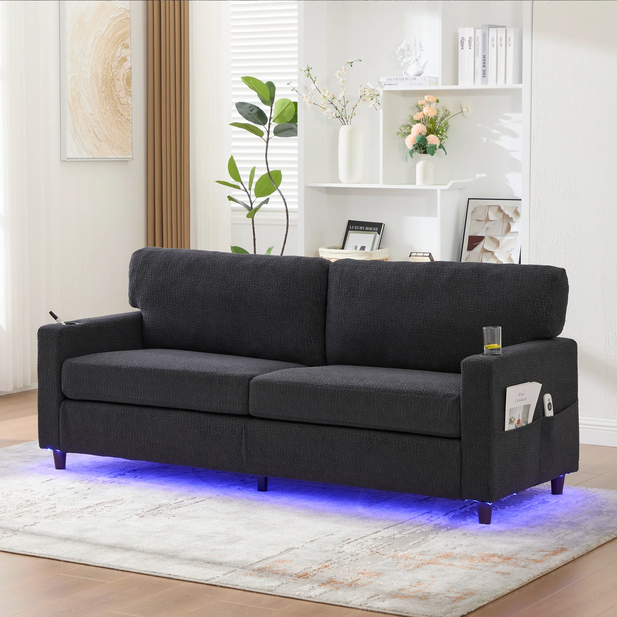 Modern 2-Seater Sofa USB-C LED Cup Holders Storage Pockets - Chenille Dark Gray