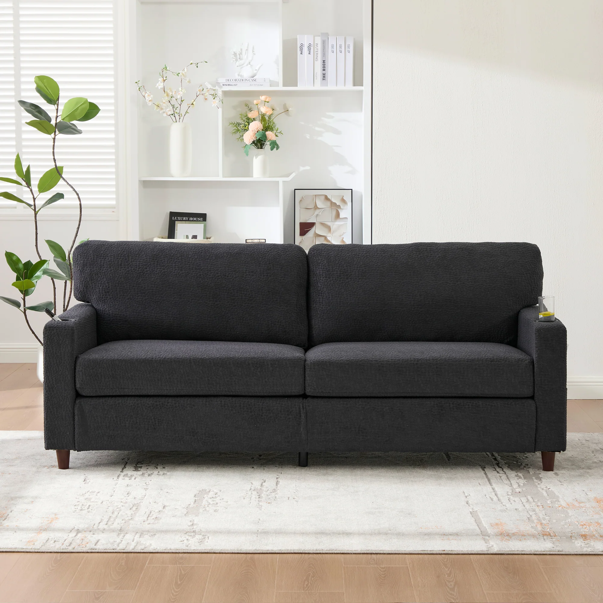 Modern 2-Seater Sofa USB-C LED Cup Holders Storage Pockets - Chenille Dark Gray - Image 10