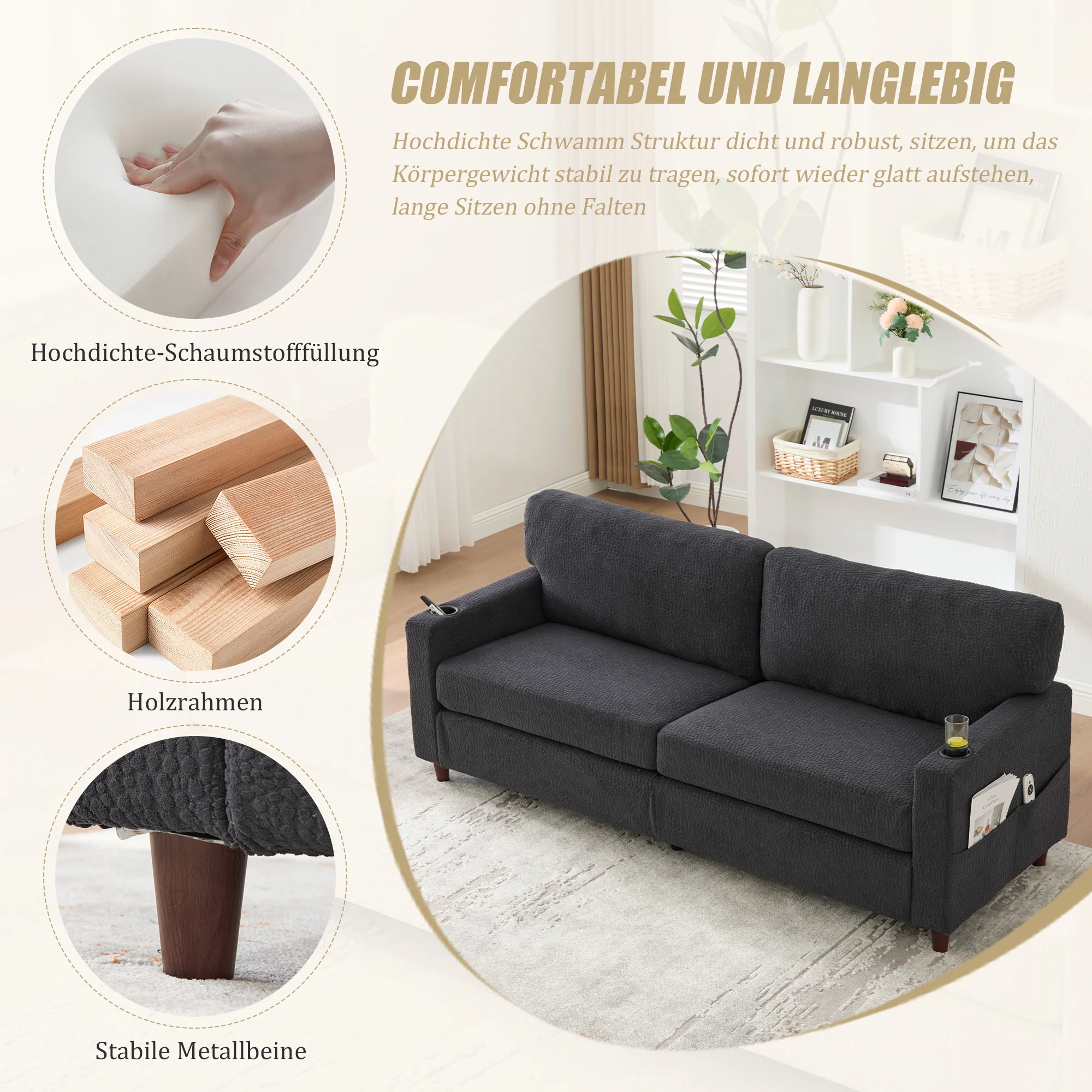 Modern 2-Seater Sofa USB-C LED Cup Holders Storage Pockets - Chenille Dark Gray - Image 3