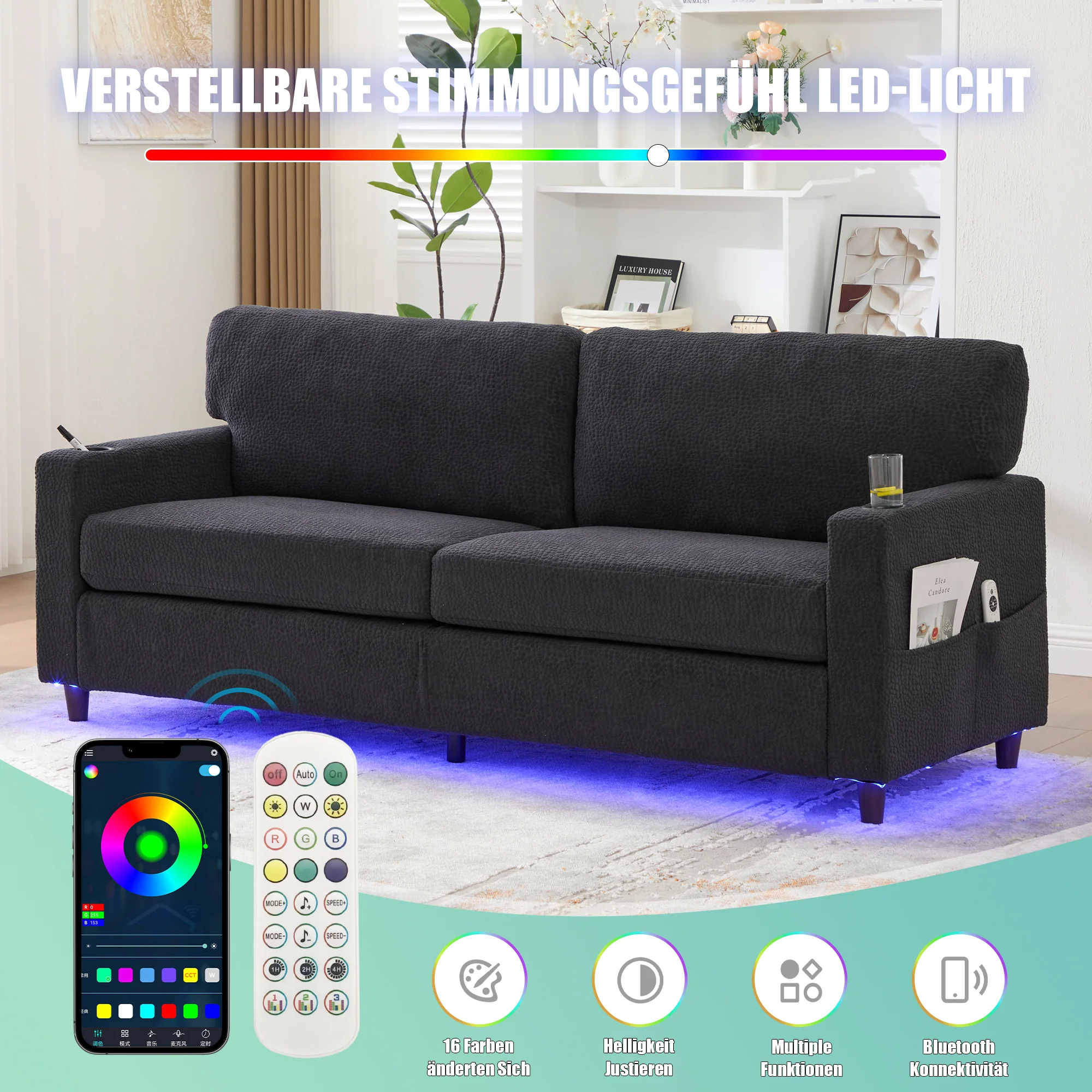Modern 2-Seater Sofa USB-C LED Cup Holders Storage Pockets - Chenille Dark Gray - Image 4