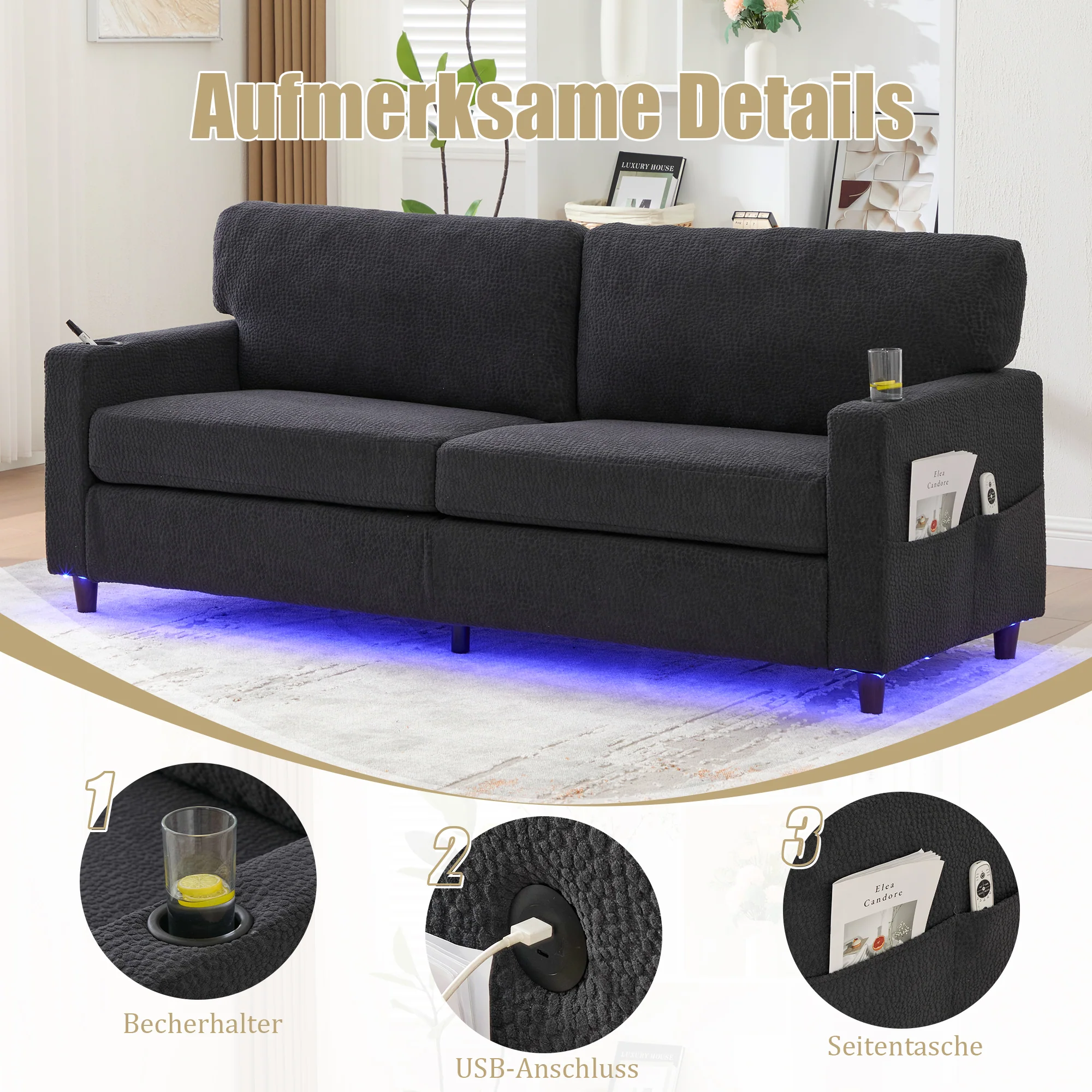 Modern 2-Seater Sofa USB-C LED Cup Holders Storage Pockets - Chenille Dark Gray - Image 5