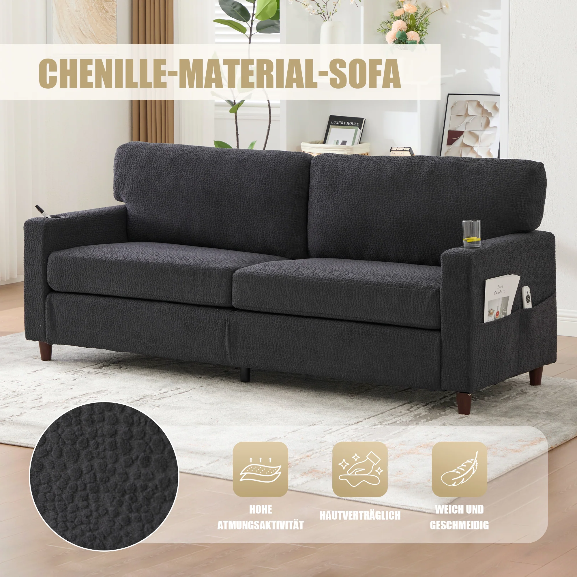 Modern 2-Seater Sofa USB-C LED Cup Holders Storage Pockets - Chenille Dark Gray - Image 6
