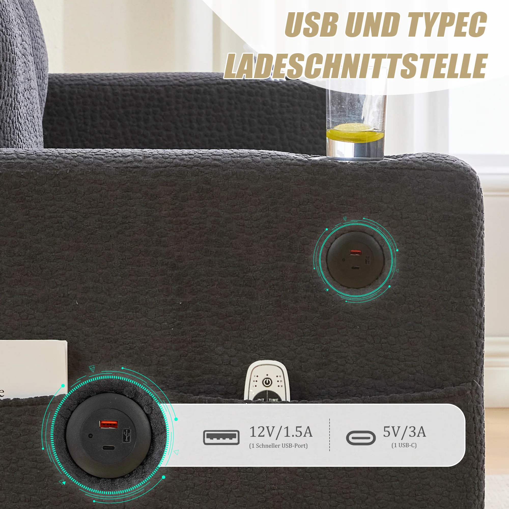 Modern 2-Seater Sofa USB-C LED Cup Holders Storage Pockets - Chenille Dark Gray - Image 7