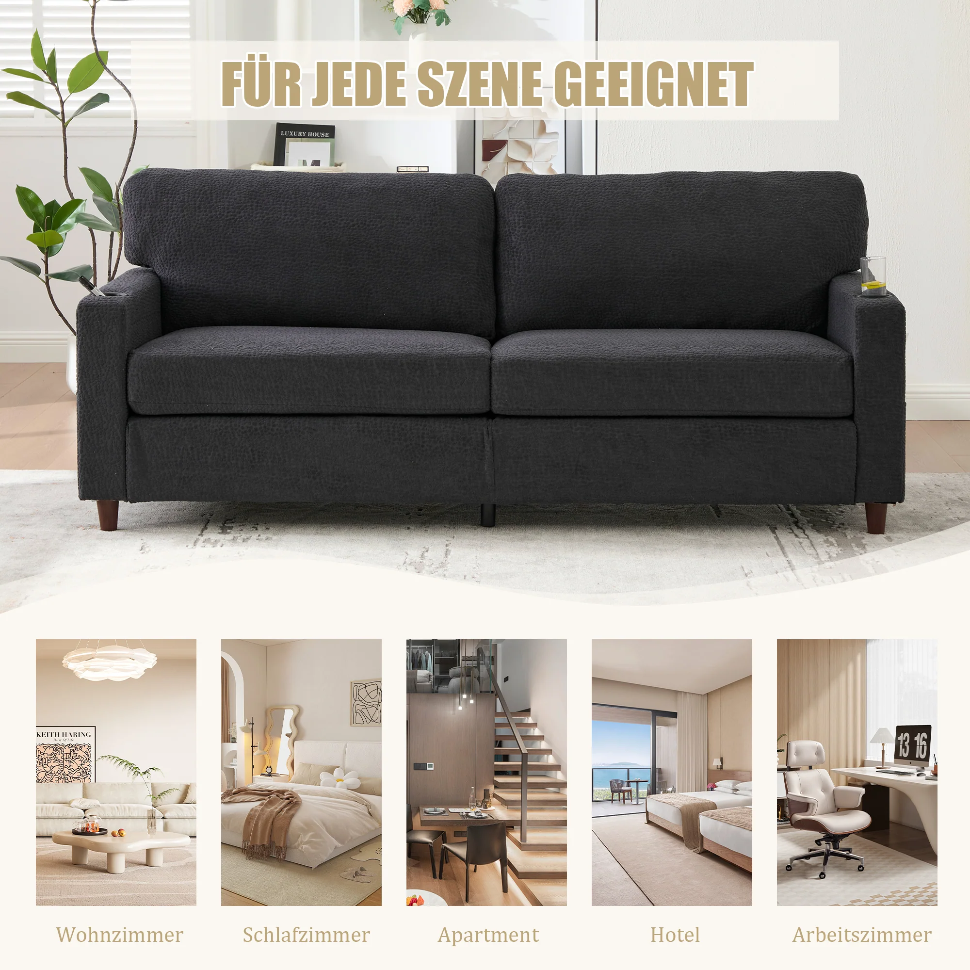 Modern 2-Seater Sofa USB-C LED Cup Holders Storage Pockets - Chenille Dark Gray - Image 8