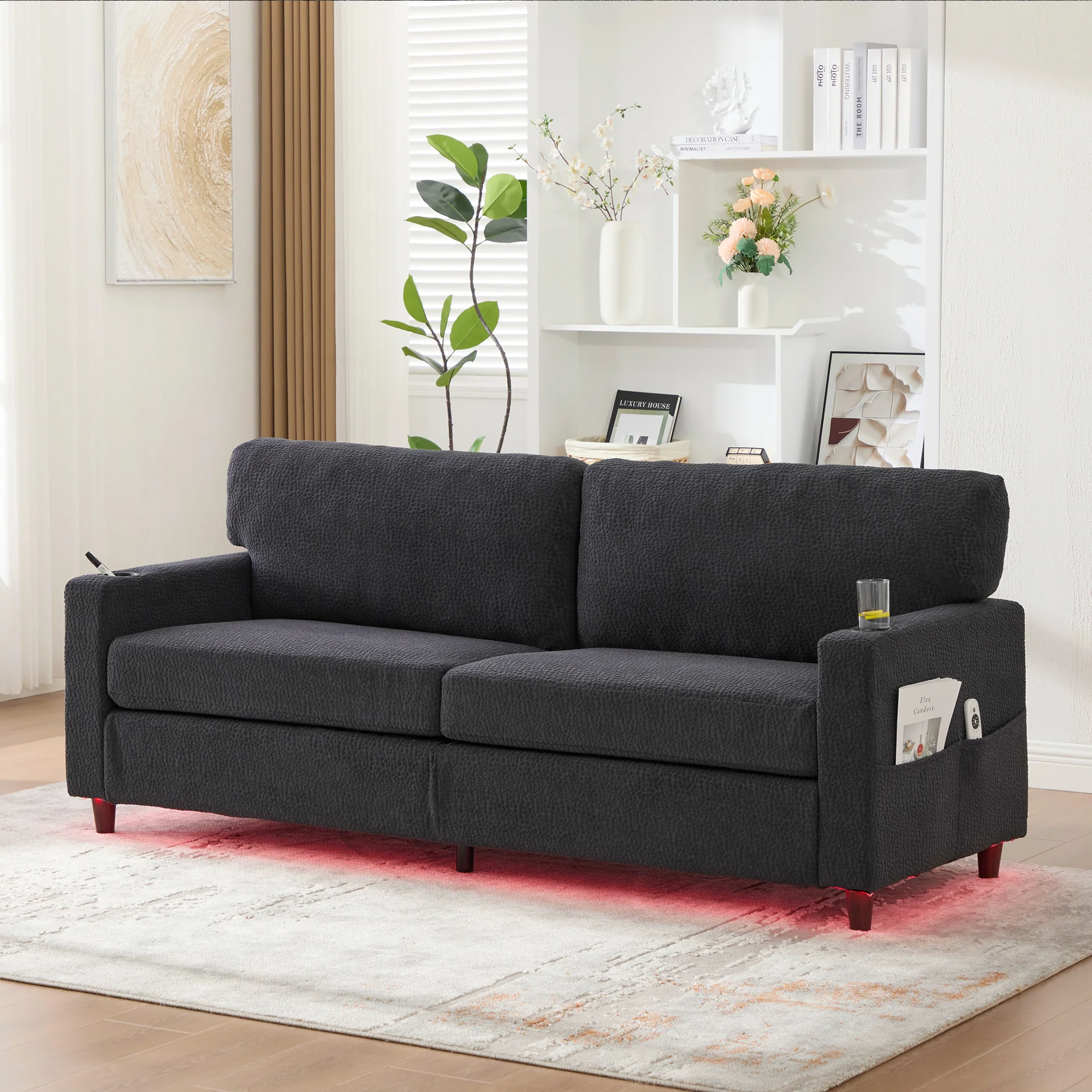 Modern 2-Seater Sofa USB-C LED Cup Holders Storage Pockets - Chenille Dark Gray - Image 9