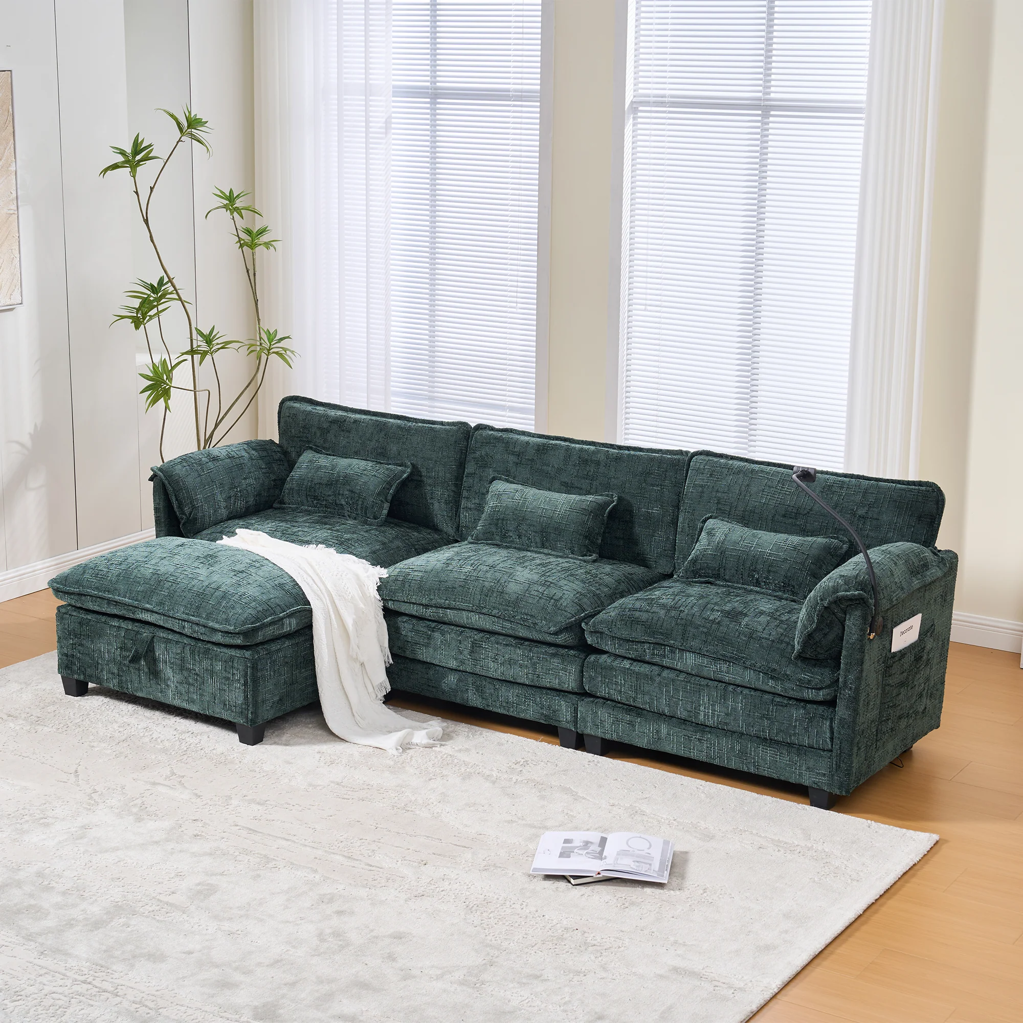 Modern 2-seater Sofa, USB Port Side Storage, Modular Footstool, Chenille Emerald