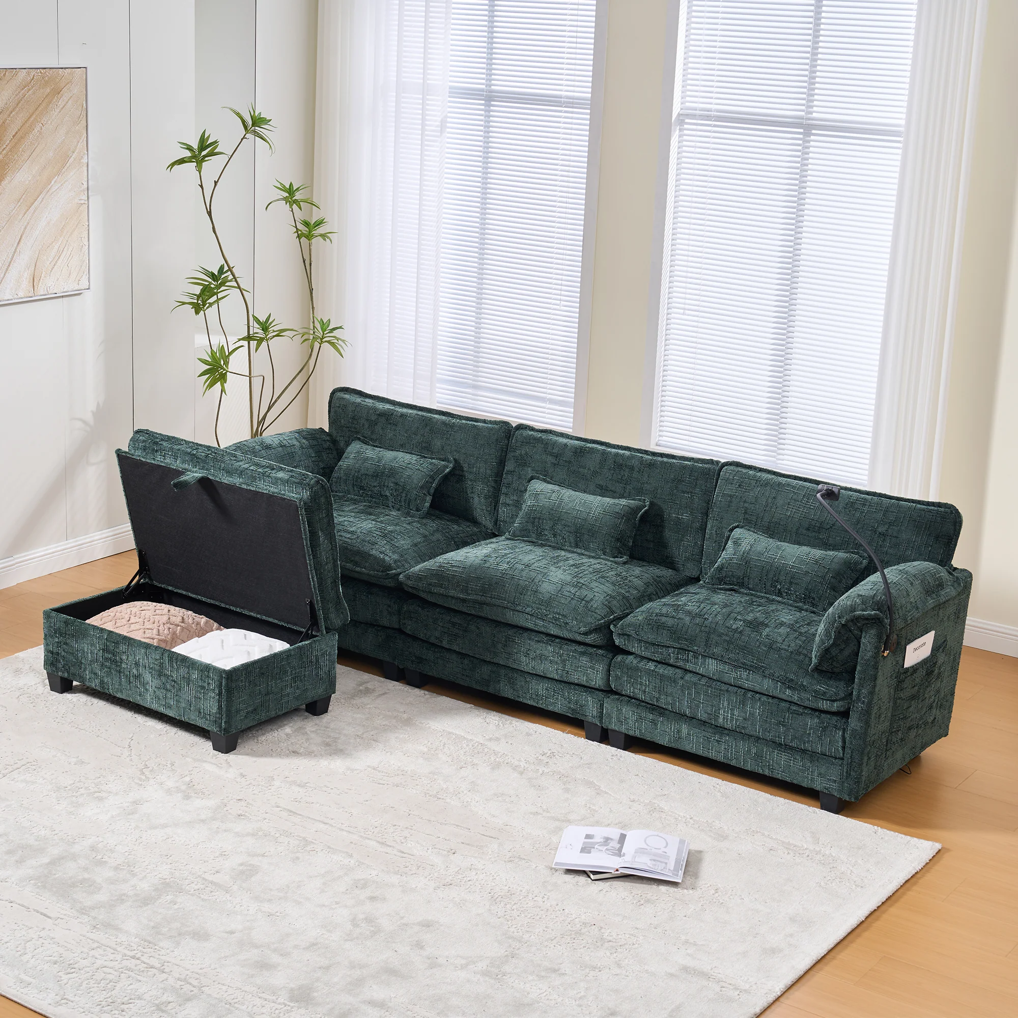 Modern 2-seater Sofa, USB Port Side Storage, Modular Footstool, Chenille Emerald - Image 10