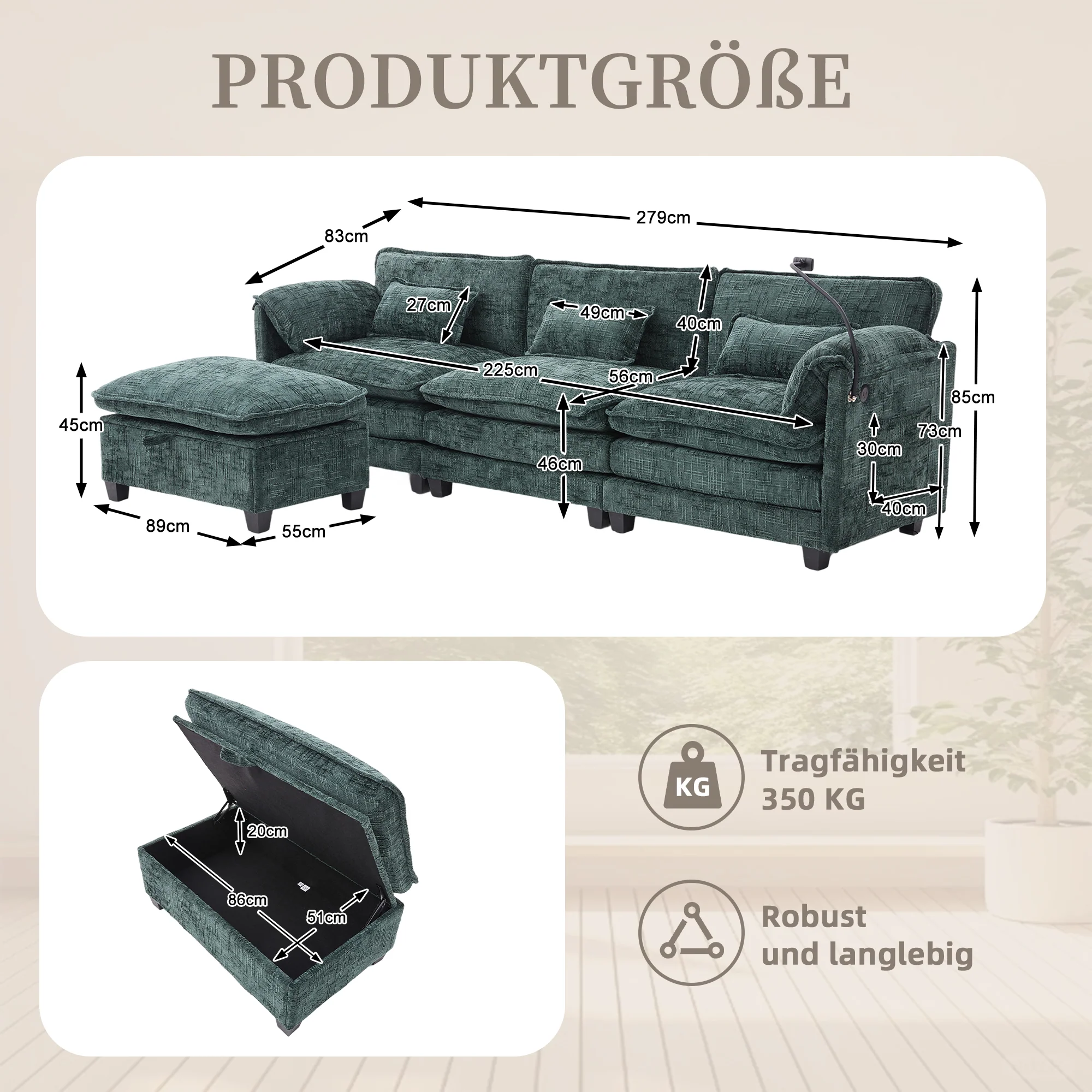 Modern 2-seater Sofa, USB Port Side Storage, Modular Footstool, Chenille Emerald - Image 2