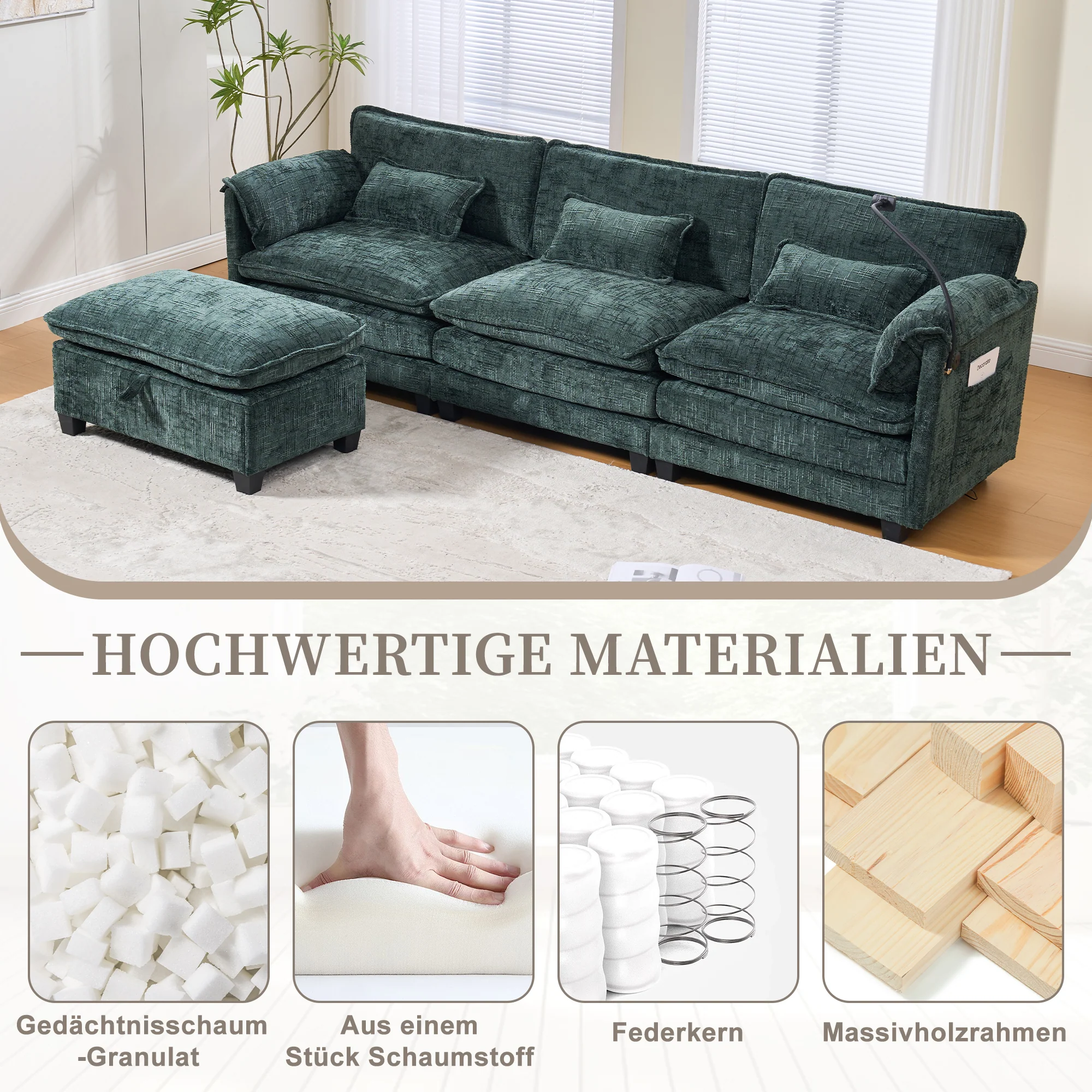 Modern 2-seater Sofa, USB Port Side Storage, Modular Footstool, Chenille Emerald - Image 3