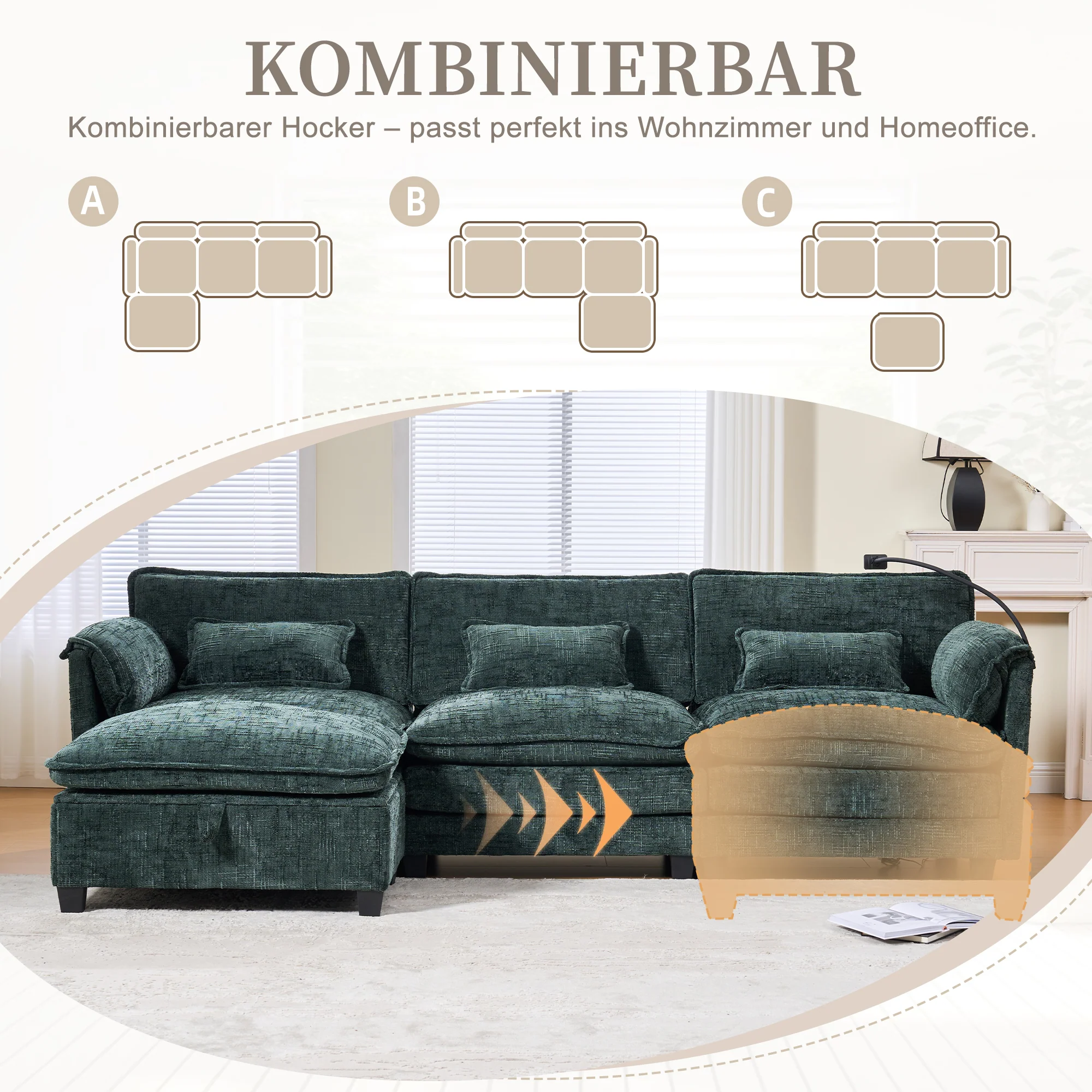 Modern 2-seater Sofa, USB Port Side Storage, Modular Footstool, Chenille Emerald - Image 4