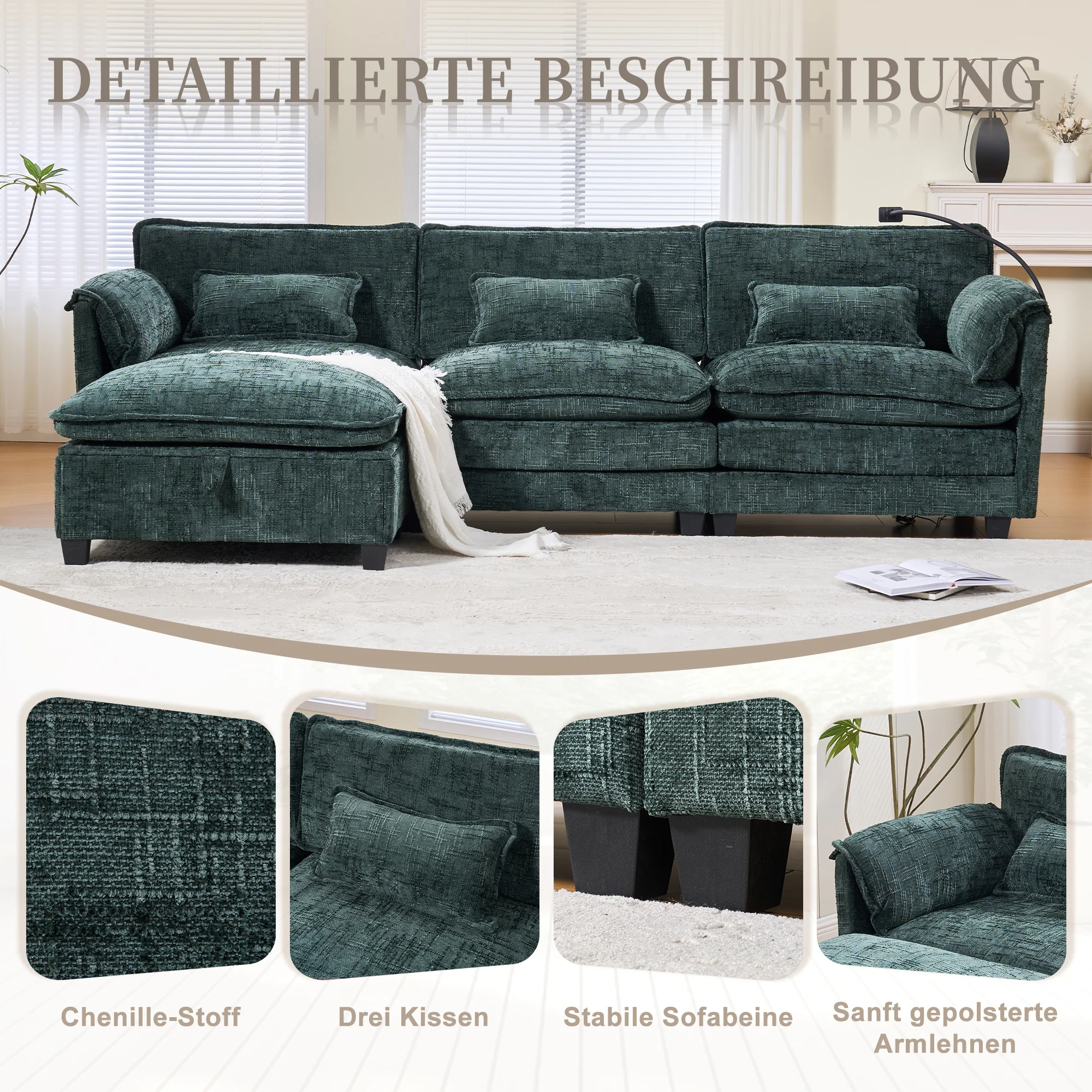 Modern 2-seater Sofa, USB Port Side Storage, Modular Footstool, Chenille Emerald - Image 5