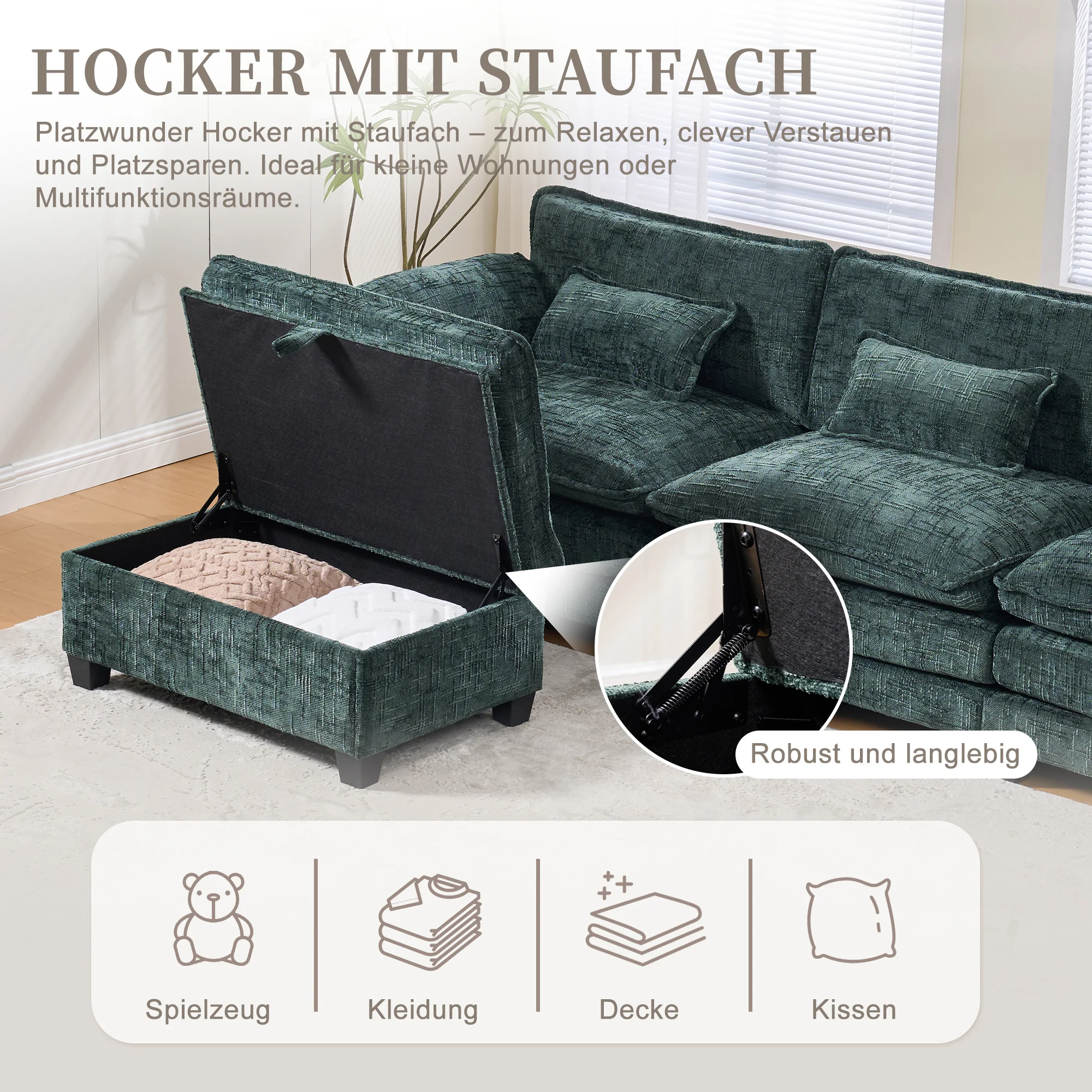 Modern 2-seater Sofa, USB Port Side Storage, Modular Footstool, Chenille Emerald - Image 6
