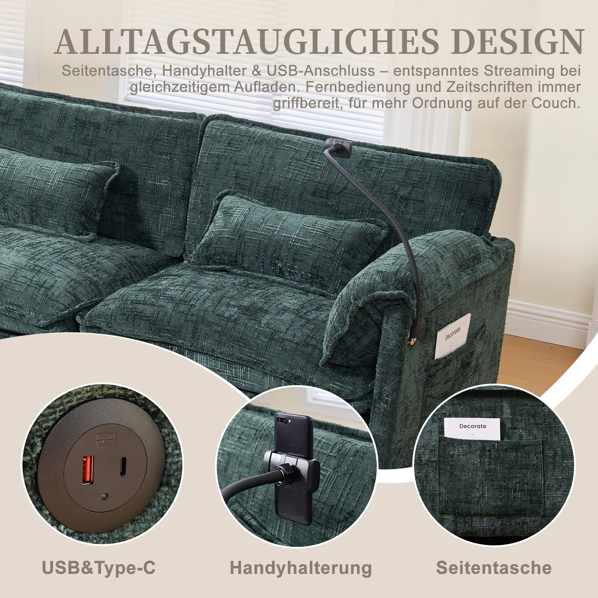 Modern 2-seater Sofa, USB Port Side Storage, Modular Footstool, Chenille Emerald - Image 7