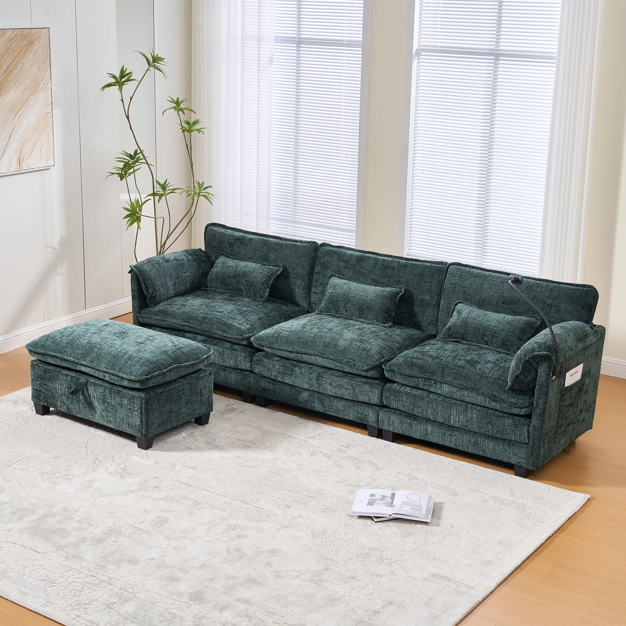 Modern 2-seater Sofa, USB Port Side Storage, Modular Footstool, Chenille Emerald - Image 8