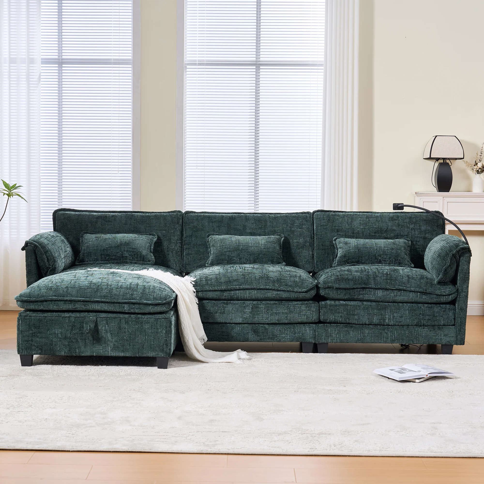 Modern 2-seater Sofa, USB Port Side Storage, Modular Footstool, Chenille Emerald - Image 9