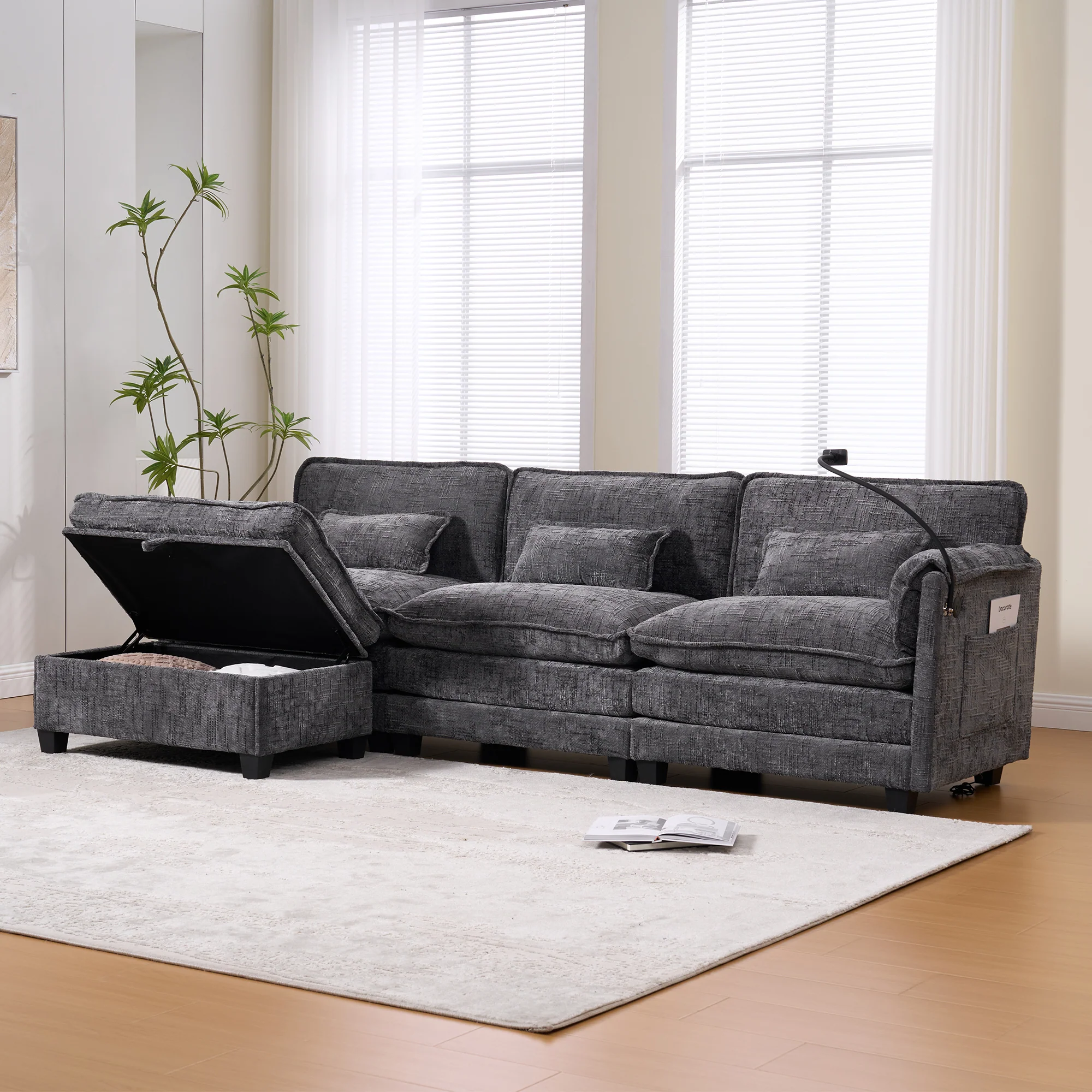 Modern 2-Seater Sofa USB Port Storage Footstool Memory Foam - Chenille Grey - Image 10