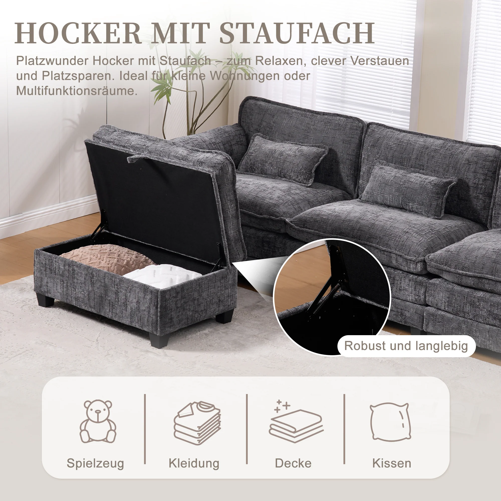 Modern 2-Seater Sofa USB Port Storage Footstool Memory Foam - Chenille Grey - Image 6