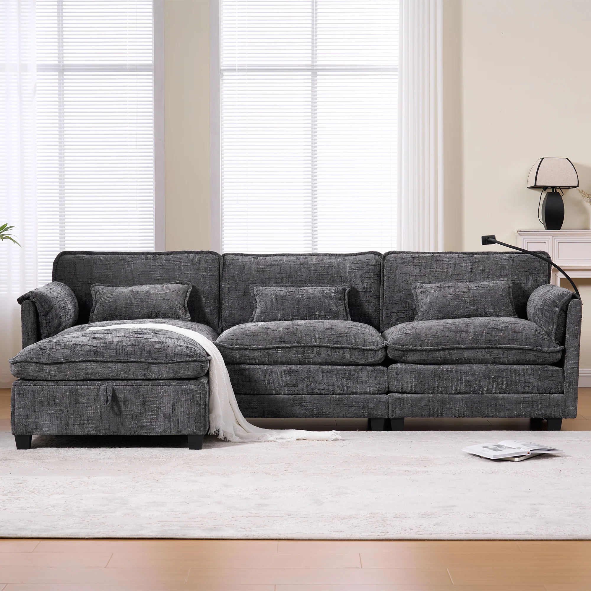 Modern 2-Seater Sofa USB Port Storage Footstool Memory Foam - Chenille Grey - Image 9