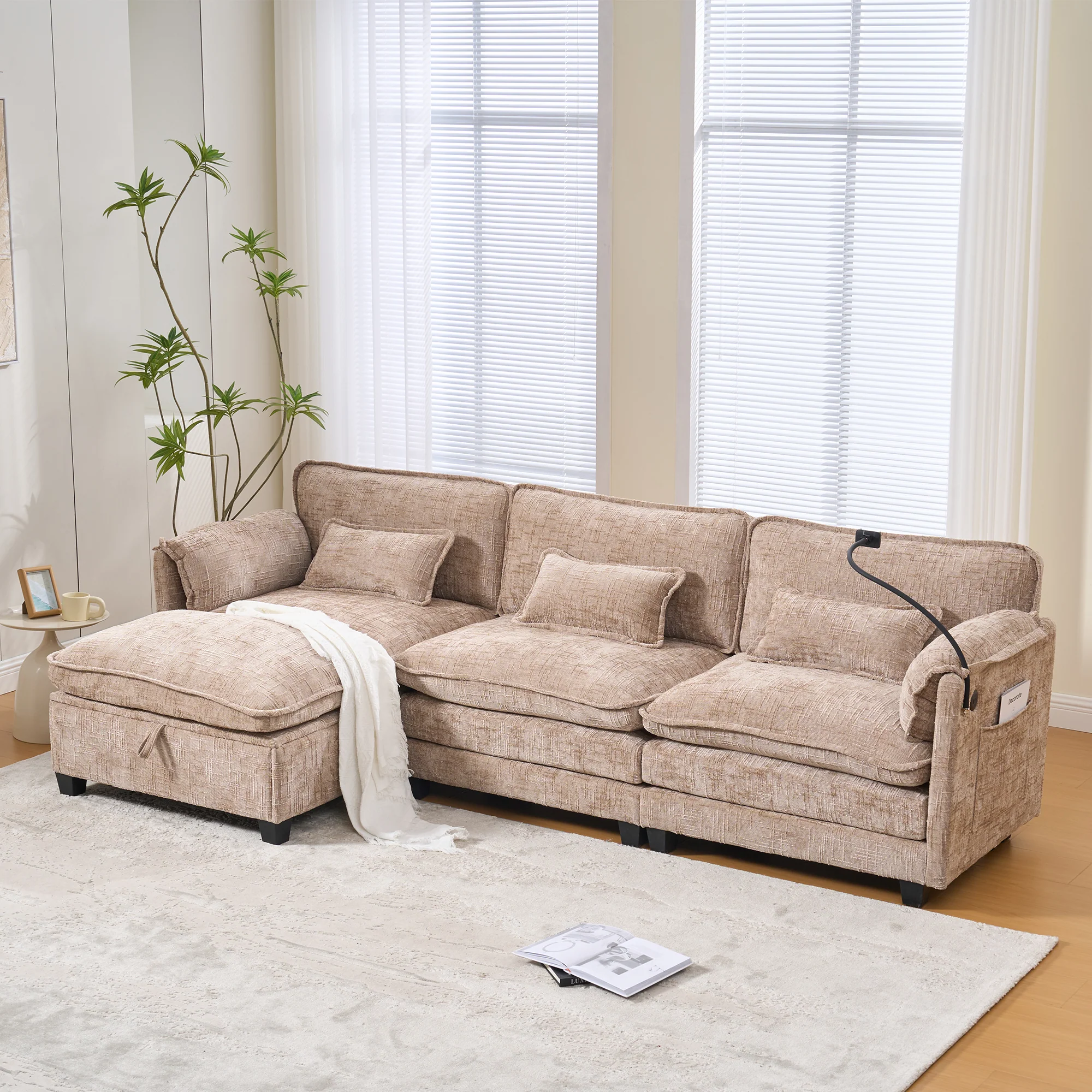 Modern 2-seater Sofa USB Storage Modular Footstool - Khaki Chenille