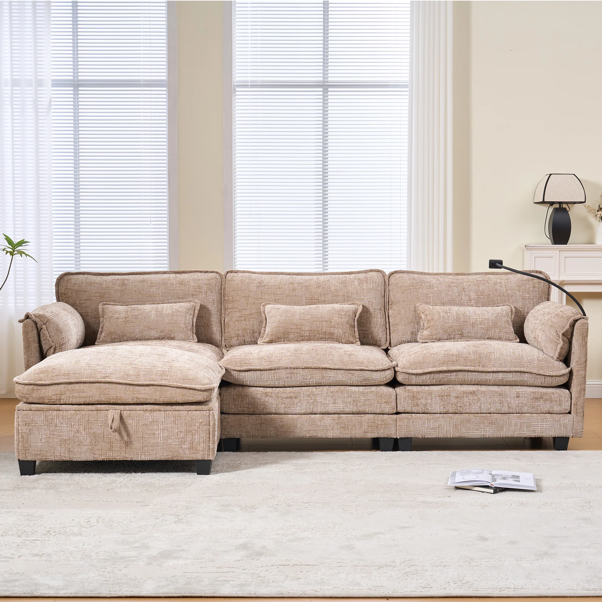 Modern 2-seater Sofa USB Storage Modular Footstool - Khaki Chenille - Image 10