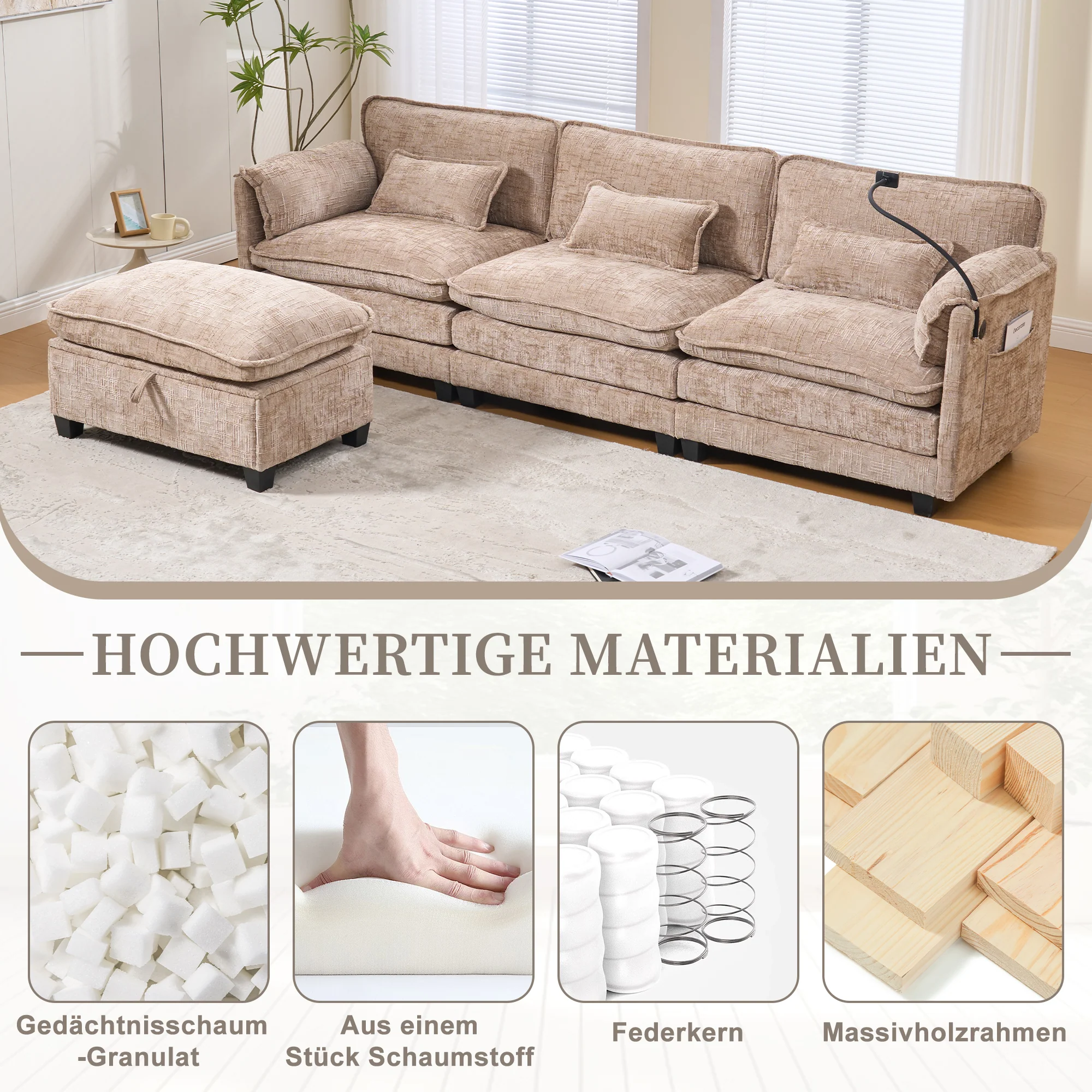 Modern 2-seater Sofa USB Storage Modular Footstool - Khaki Chenille - Image 3